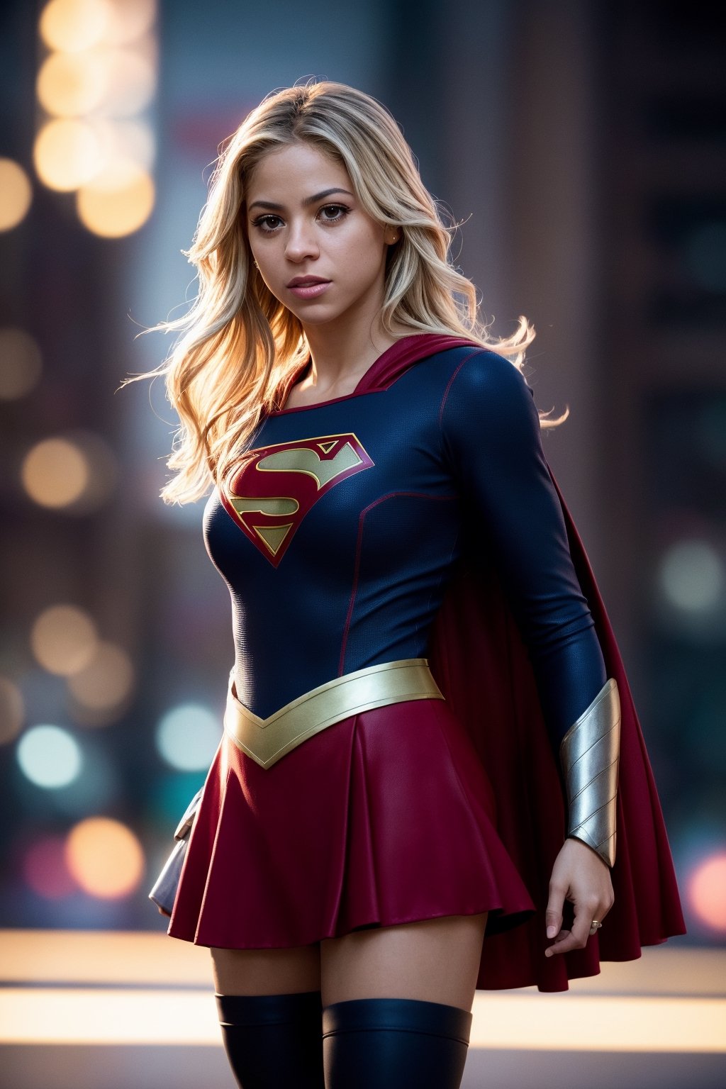 supergirl, costume, hero, skirt, cape red, hair blonde (RAW Photo, cg unity, photography, ultra realistic details, sharp focus, detailed skin,4k, high-res, masterpiece, best quality:1.1), (realistic, photo-realistic:1.37) (8k,4k, UHD, high resolution, professional, cinematic, movie, dramatic, noise), (detailed background:1.25), bokeh anamorphic depth of field blur background,Shakira 