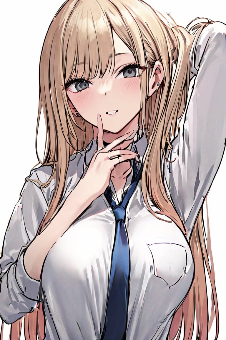 masterpiece, best quality, highres, (Gray-scale), perfect face, (1girl), (solo), (upper body), (broad shoulders, big breast, wide pelvis, slender, skinny, black eyes, bangs), (schoolgirl uniform, black skirt without wrinkles, black stockings, long sleeves), looking_at_viewer,ZKTR, kitagawa Marin