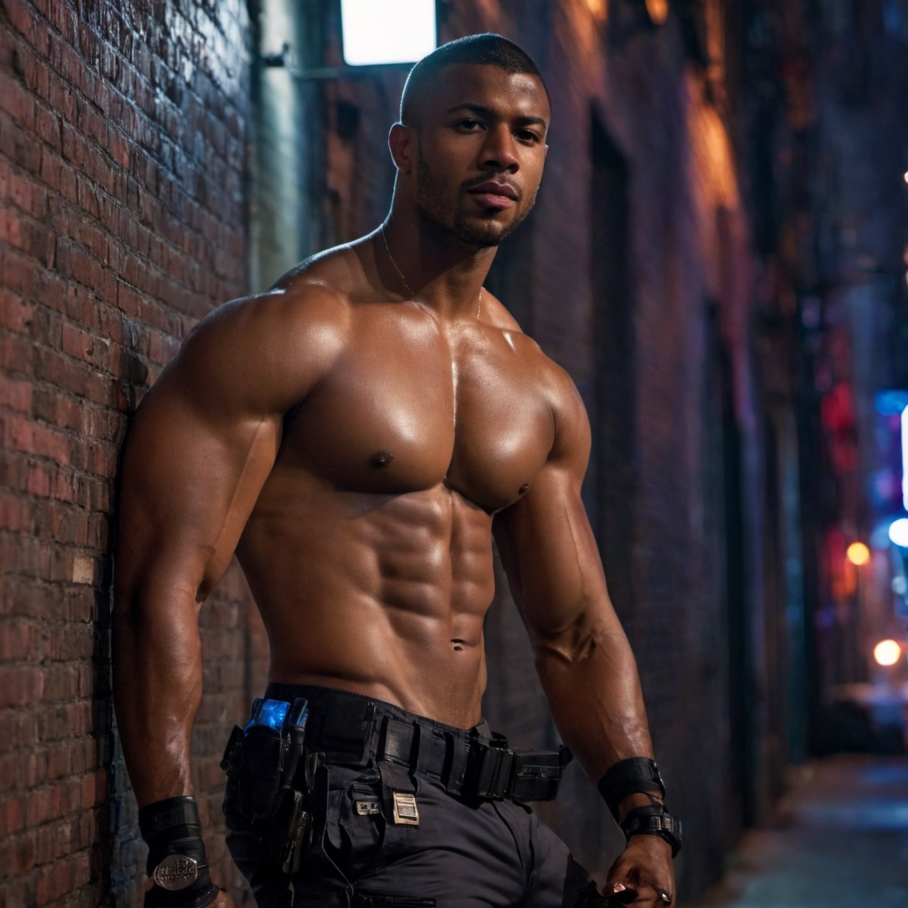 half body portrait shot, a dark skin handsome young muscular man wearing police trousers, topless, leaning on the wall in the small dark alley in cyberpunk night city, beefy. crotch bulge, on the street at night, (confident pose):1.5, cinematic lighting, shadows accentuating muscles, handsome face, 4k, highly detailed, masterpiece, low contrast, warm color,night city,background