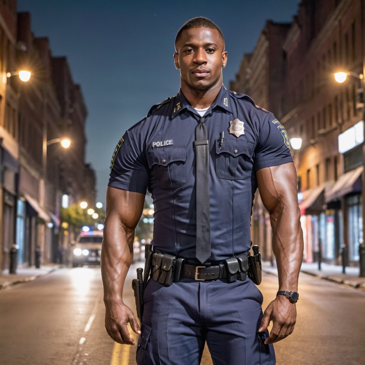 half body portrait shot, a dark skin handsome young muscular police wearing uniform, bulging biceps, thick thighs. crotch bulge, on the street at night, (confident pose):1.5, soft lighting, shadows accentuating muscles, handsome face, 4k, highly detailed, masterpiece, high contrast, warm color