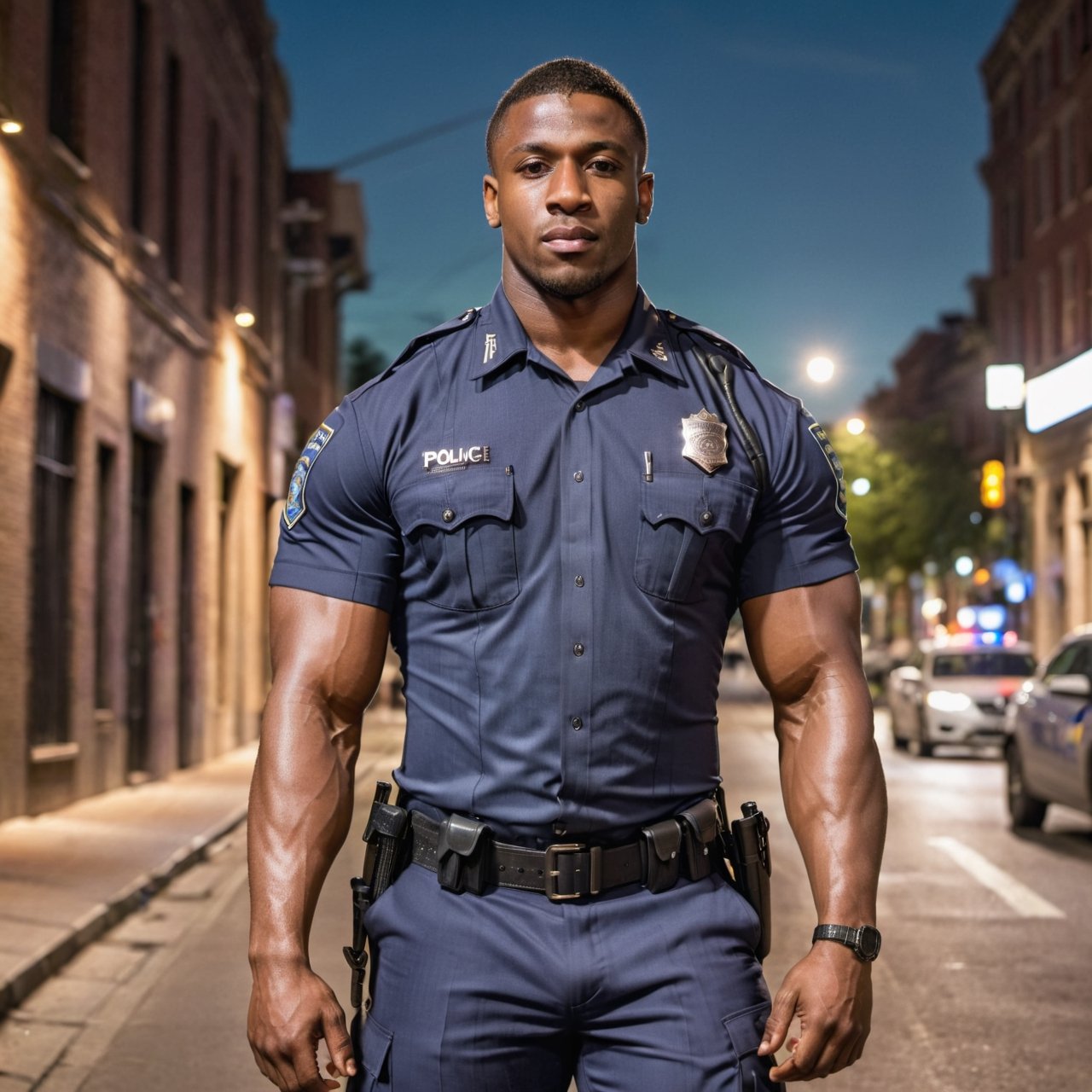 half body portrait shot, a dark skin handsome young muscular police wearing uniform, bulging biceps, thick thighs. crotch bulge, on the street at night, (confident pose):1.5, soft lighting, shadows accentuating muscles, handsome face, 4k, highly detailed, masterpiece, high contrast, warm color