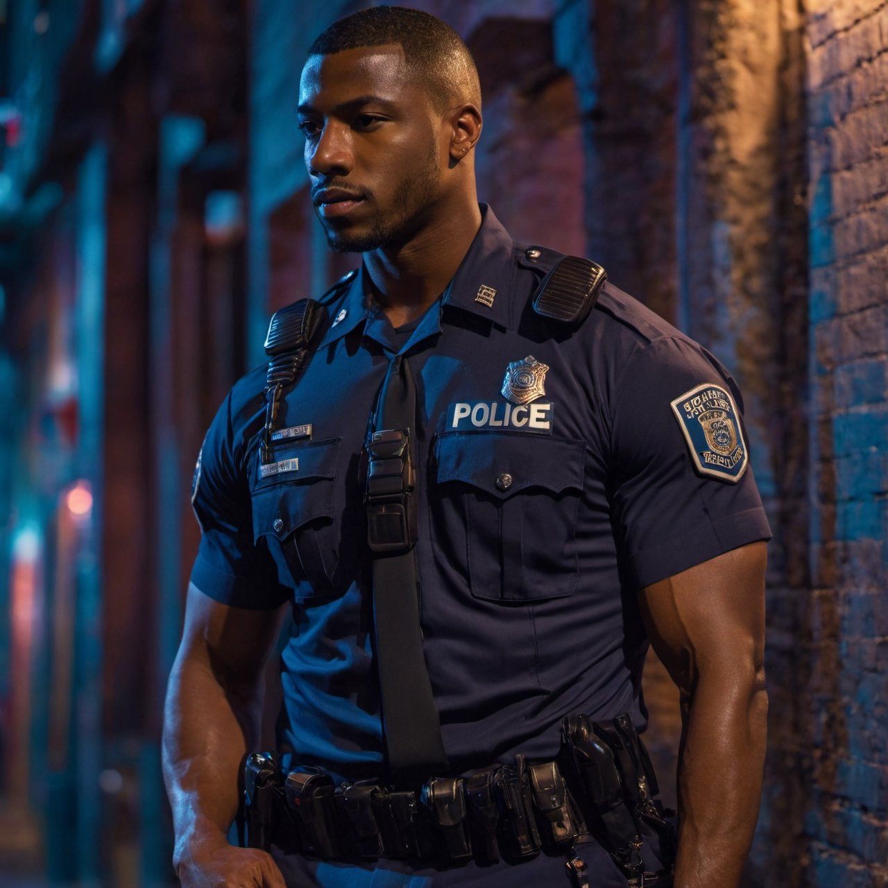 half body portrait shot, a dark skin handsome young muscular police wearing uniform leaning on the wall in the small dark alley in cyberpunk night city, beefy. crotch bulge, on the street at night, (confident pose):1.5, cinematic lighting, shadows accentuating muscles, handsome face, 4k, highly detailed, masterpiece, low contrast, warm color,night city,background