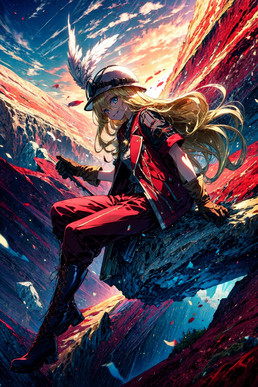 masterpiece, best quality, highres, 1girl very long hair blonde hair curly hair, red jacket helmet whistle short sleeves brown gloves red pants hat feather boots  sitting, floating hair, from side, looking at viewer, cliff, smile