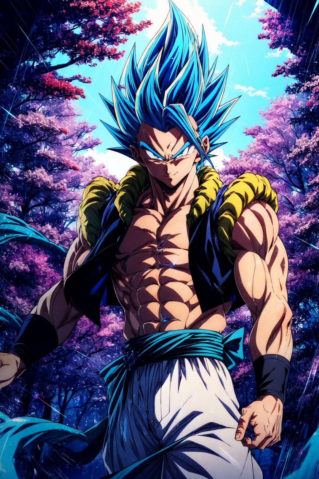 (masterpiece, best quality:1.2), , cowboy shot, solo, male focus, 1boy, gogeta, muscular male, smirk, looking at viewer, blue hair, blue eyes, vest, blue sash, white pants, wristband, tail, pectorals