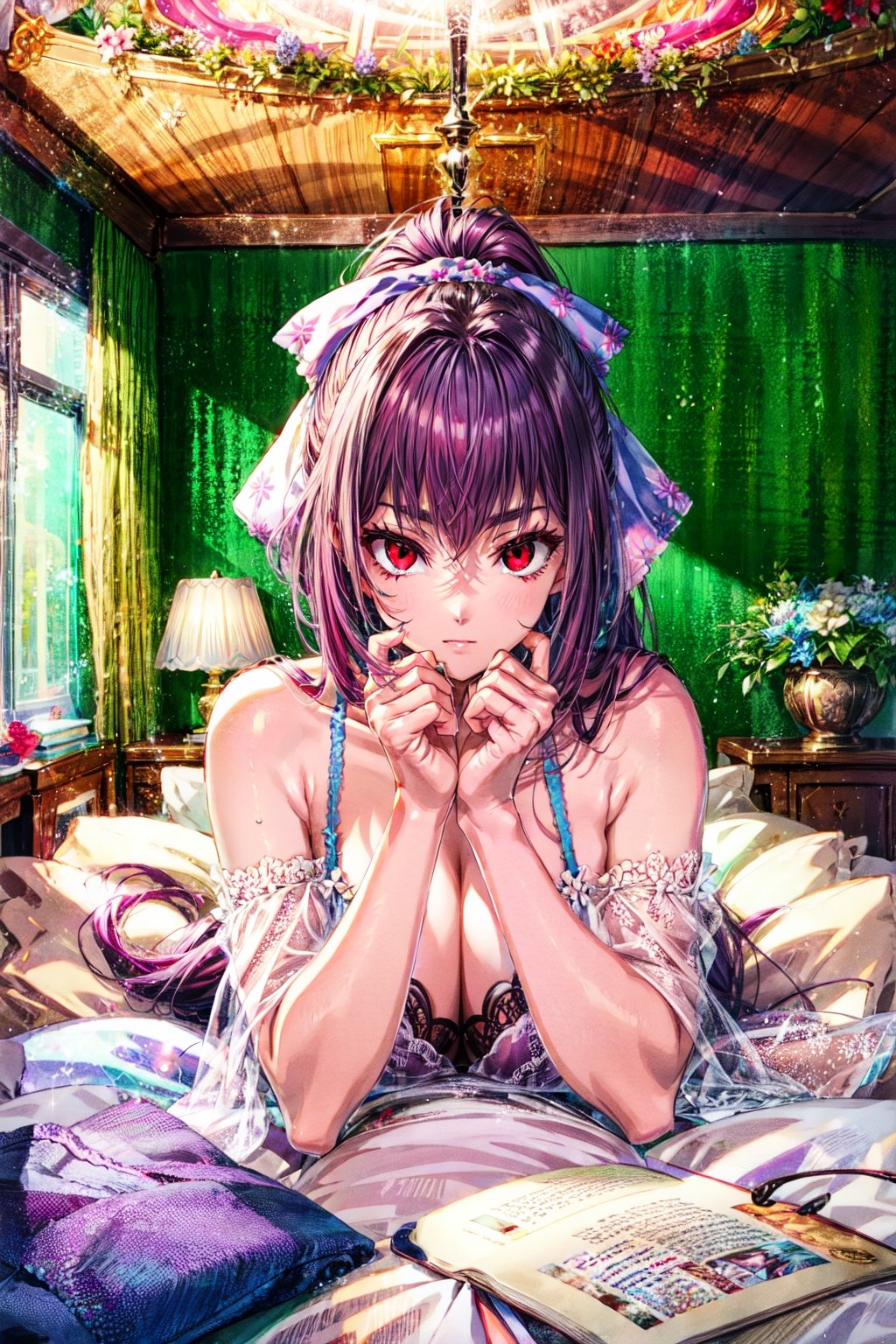 fgoskadi, , skadi, long hair, purple hair, (red eyes:1.5), ponytail, hair ribbon, ribbon, BREAK lingerie, BREAK indoors, bed, BREAK looking at viewer, BREAK , (masterpiece:1.2), best quality, high resolution, unity 8k wallpaper, (illustration:0.8), (beautiful detailed eyes:1.6), extremely detailed face, perfect lighting, extremely detailed CG, (perfect hands, perfect anatomy),Circle