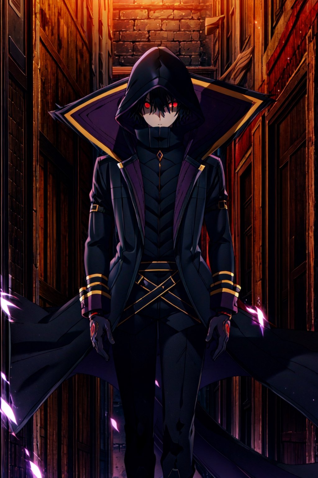 (masterpiece), high quality, highly detailed background, 1boy, solo, , ChopioKagenou, short hair, black hair, hair between eyes, hooded cloak, black coat, trench coat, black gloves, black pants, red eyes, glowing eyes, looking to side, from side,