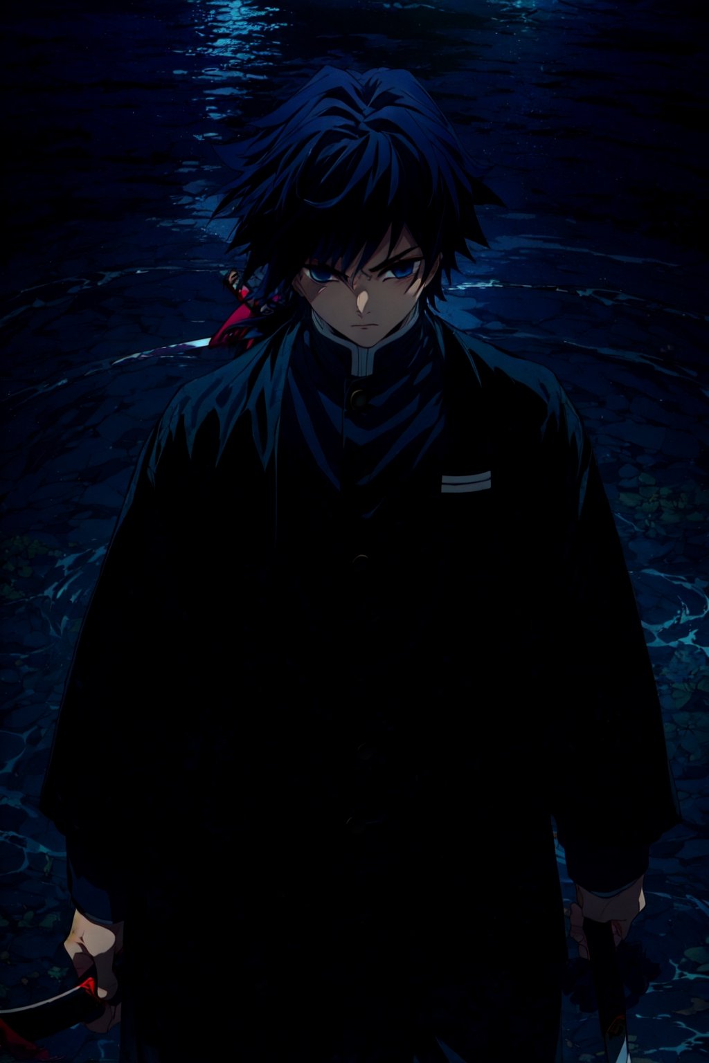 tomioka giyuu, demon slayer, 1boy, solo, upper body, (water, blue aura, flowing water), katana, patterned background,sword, holding katana, fighting stance, looking at viewer, long hair, blue eyes, black hair, standing, jacket, male focus, japanese clothes, black jacket, demon slayer uniform, 