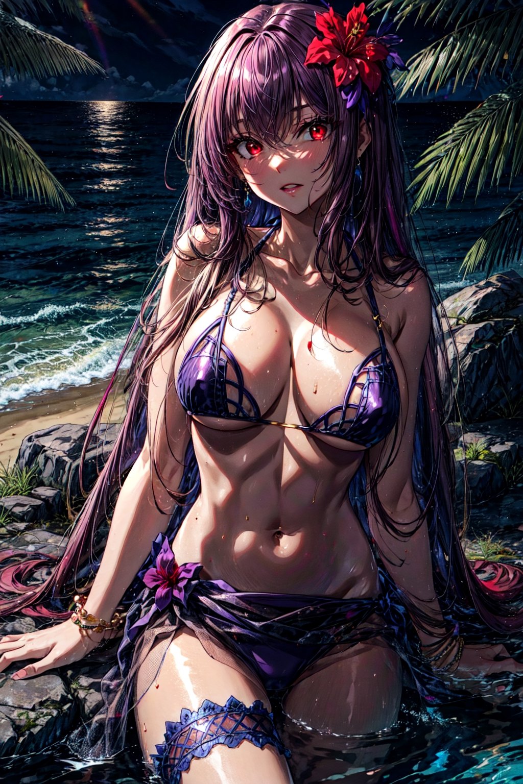 scathach, , scathach, long hair, purple hair, (red eyes:1.5), BREAK bare shoulders, bikini, bracelet, bridal garter, cleavage, collarbone, flower, hair flower, hair ornament, hibiscus, jewelry, navel, purple bikini, sarong, swimsuit, thighs, BREAK outdoors, beach, BREAK looking at viewer, BREAK , (masterpiece:1.2), best quality, high resolution, unity 8k wallpaper, (illustration:0.8), (beautiful detailed eyes:1.6), extremely detailed face, perfect lighting, extremely detailed CG, (perfect hands, perfect anatomy),