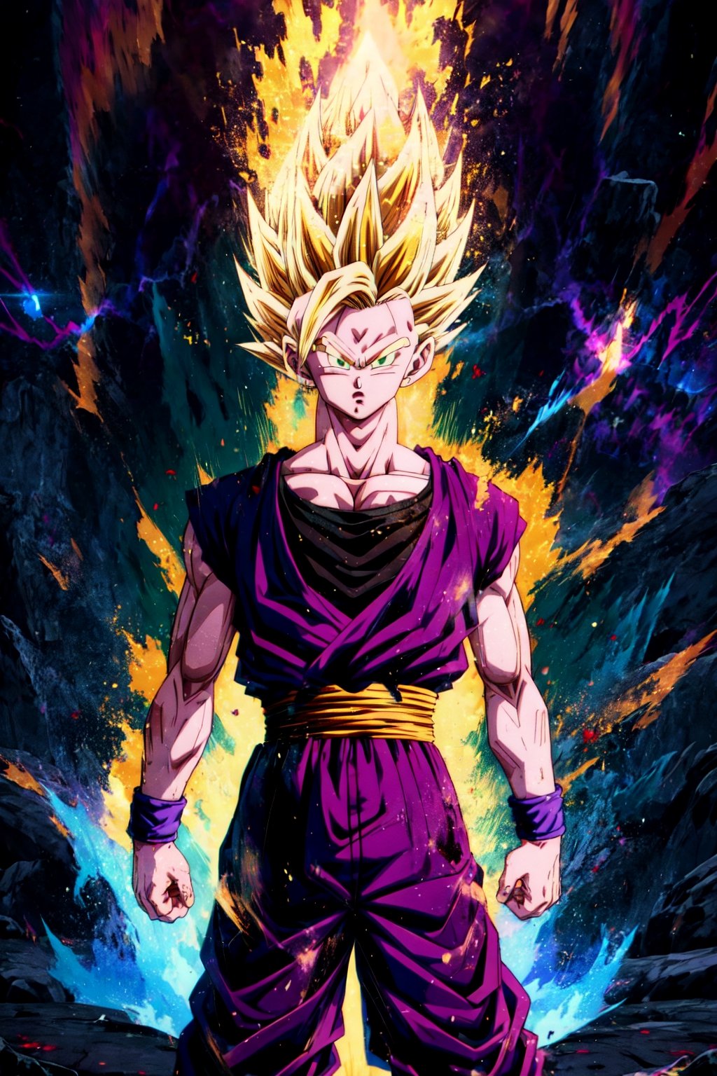 (ssj2), 1boy, yellow hair, green eyes,cowboy shot,yellow aura, electricity,naked purple dougi, purple pants, (blue wristband), red sash, sleeveless,v-neck,looking at viewer,(best quality, masterpiece),Ki Charge