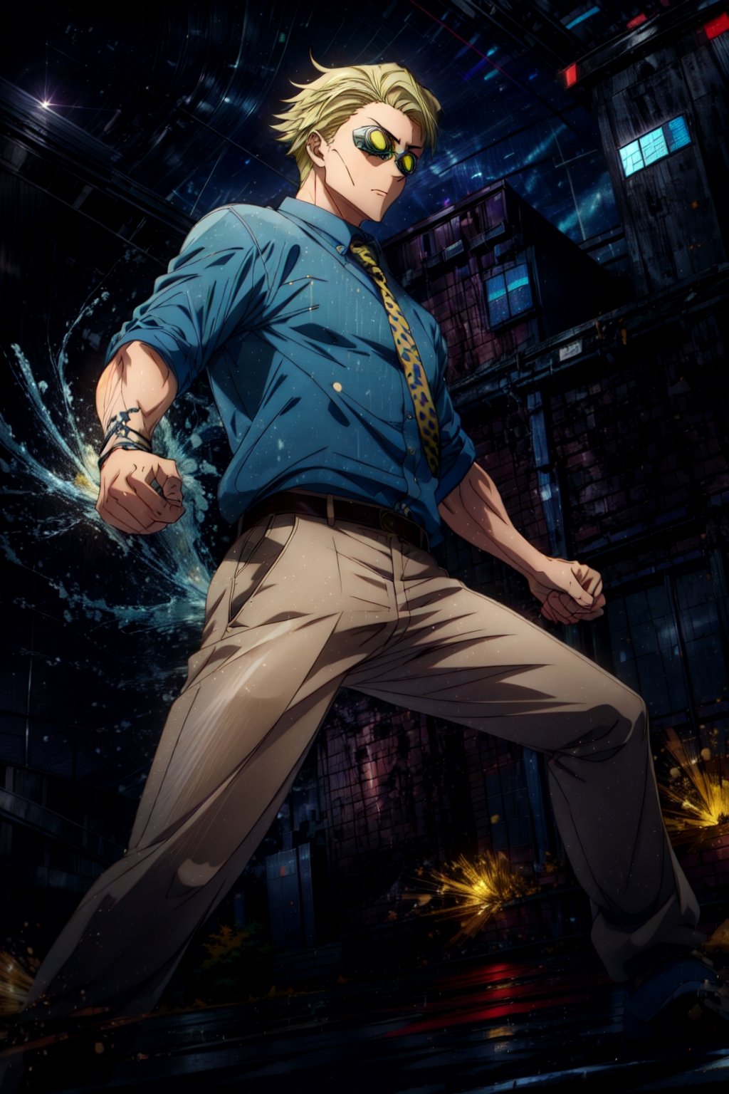 masterpiece, hyper detailed, highres, good anatomy, solo, nanami, blue shirt, suit, yellow tie, action pose, night sky, pants, goggles, square jaw