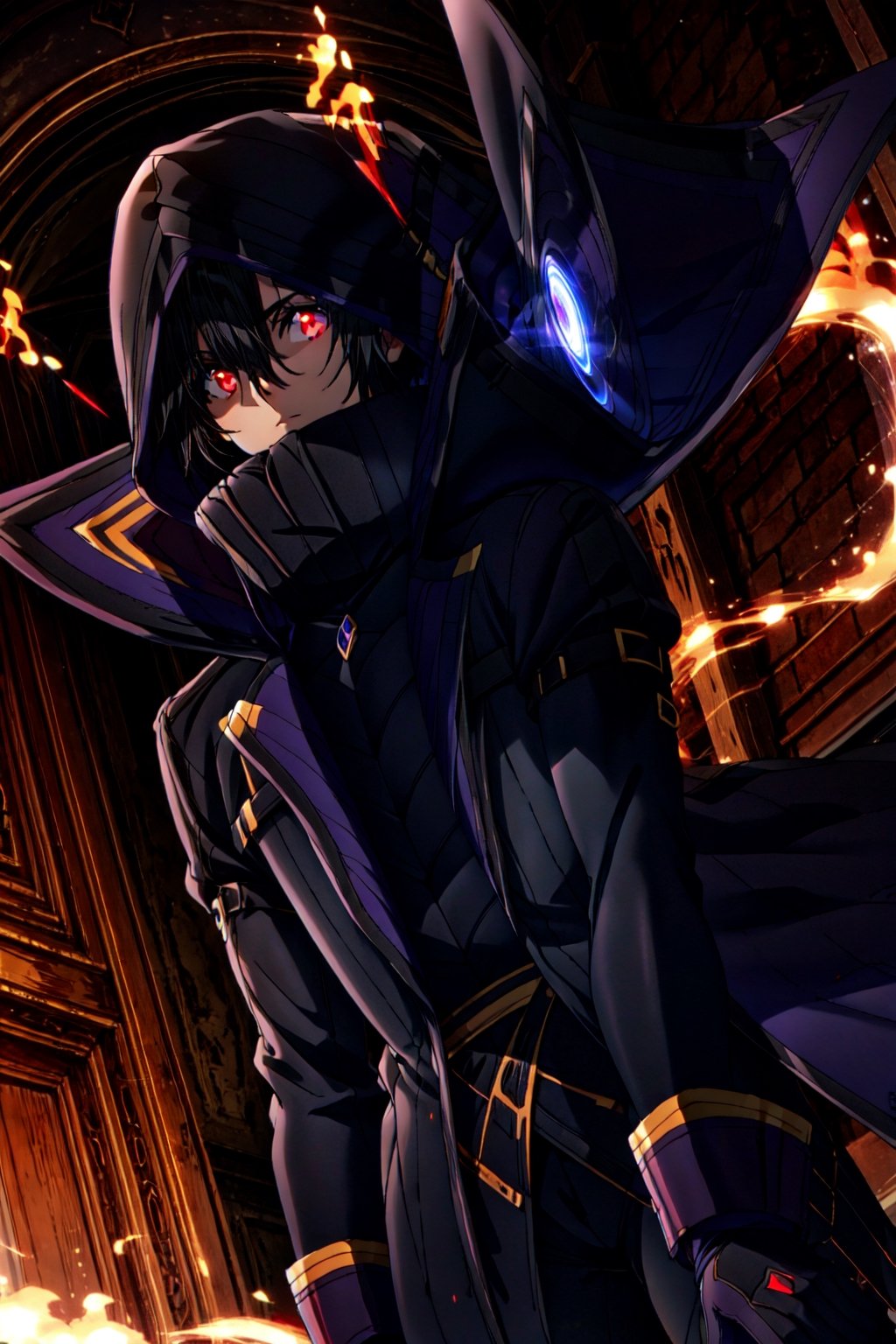 (masterpiece), high quality, highly detailed background, 1boy, solo, , ChopioKagenou, short hair, black hair, hair between eyes, hooded cloak, black coat, trench coat, black gloves, black pants, red eyes, glowing eyes, looking to the side, from side, dutch angle, from below,Circle