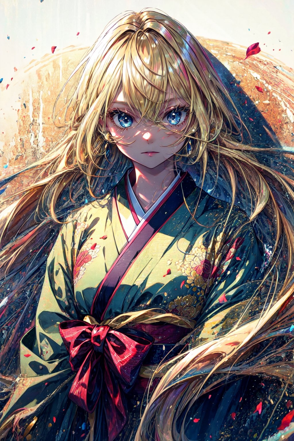 masterpiece, best quality, highres, 1girl very long hair blonde hair curly hair  kimono