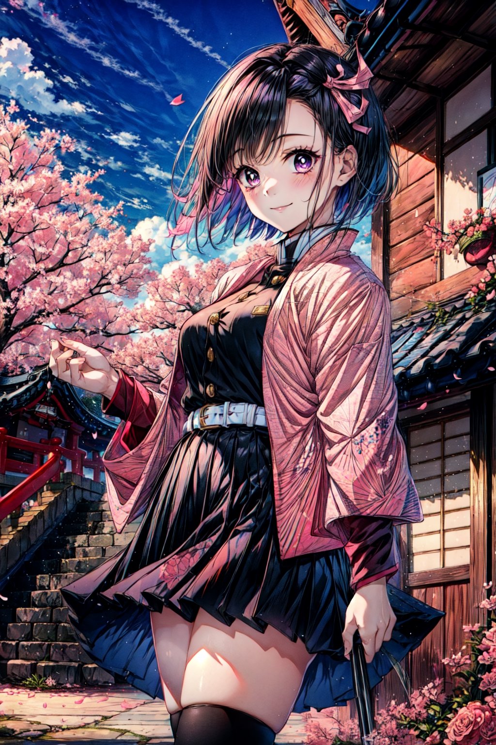 nezukorps, 1girl, solo, cowboy shot, black hair, purple eyes, white pupils, short hair, white belt, sheath, demon slayer uniform, pink haori, black jacket, black pleated skirt, miniskirt, asa no ha \(pattern\), pink hair ribbon, slight smile, looking at viewer, japanese arquitecture, town in the background, sky, pink petals, (best quality, masterpiece),