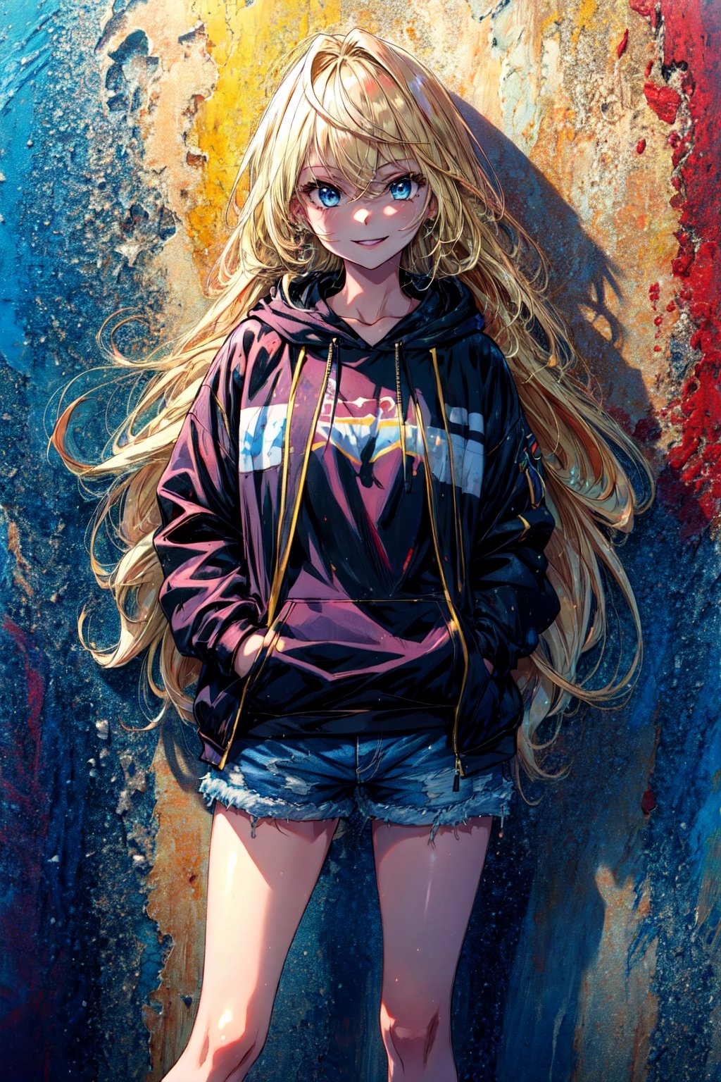 masterpiece, best quality, highres, 1girl very long hair blonde hair curly hair  black hoodie, denim shorts, smile, hands in pockets