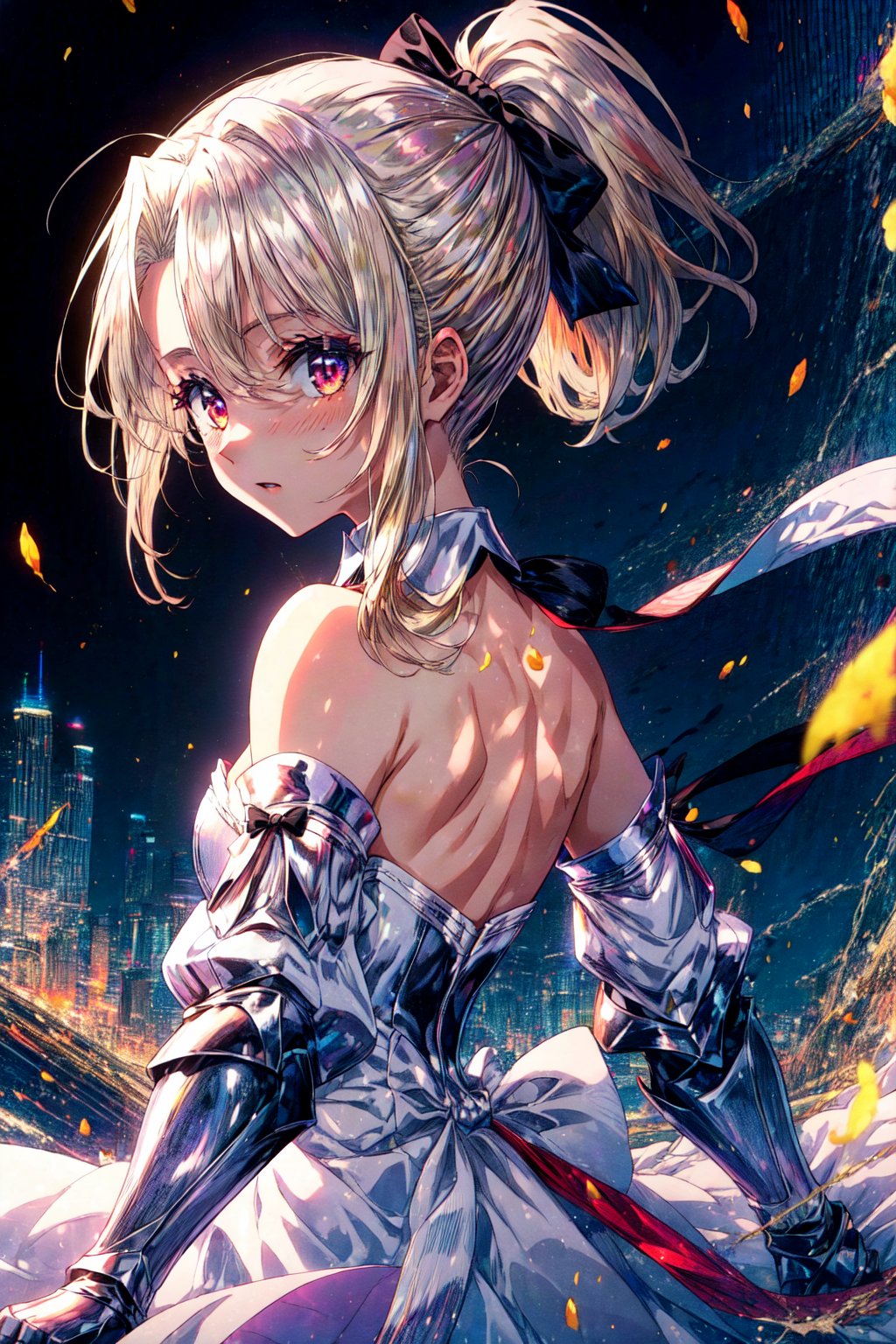 masterpiece, best quality, highres, aaillya, ponytail, sidelocks, hair bow, black bow, small breasts, detached collar, bare shoulders, armor, strapless dress, white dress, detached sleeves, gauntlets, , from behind, looking at viewer,