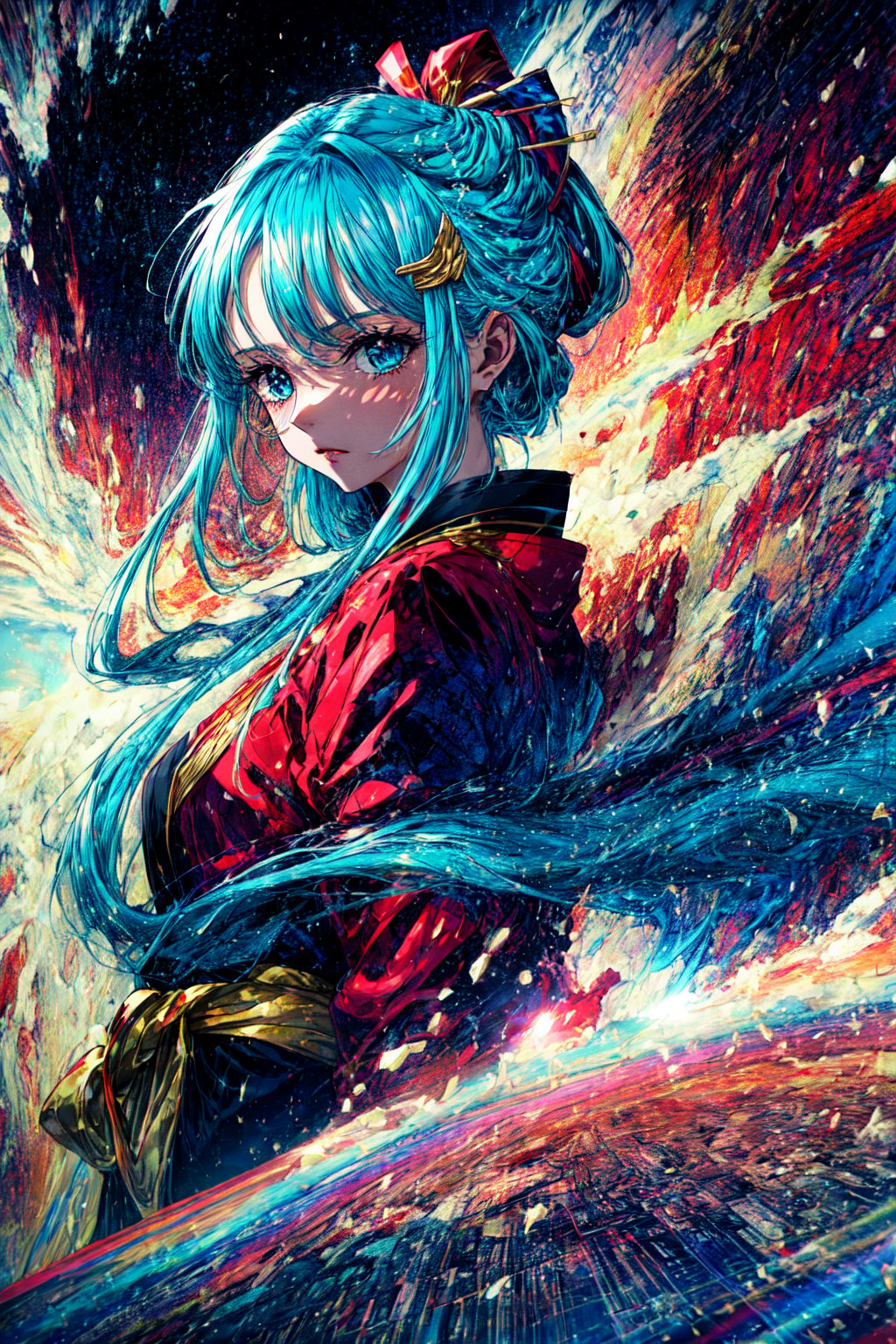 KozukiHiyori wearing naby blue kimino, with golden and red colour design on it, red sash, long sleves, in the style of poster art, dark white and light magenta, highly detailed illustrations, above torso, posing, serene faces, light teal and light red, smooth lines, comic art --ar --s-750,midjourney