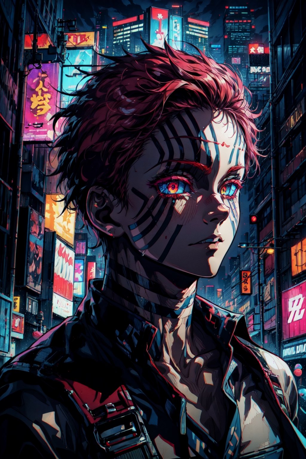 masterpiece,best quality,high quality,digital illustration,super detailed,vibrant colors,akaza,neon lights,looking at viewer,cyberpunk city background,detailed background,neon aesthetics,perfect lighting,