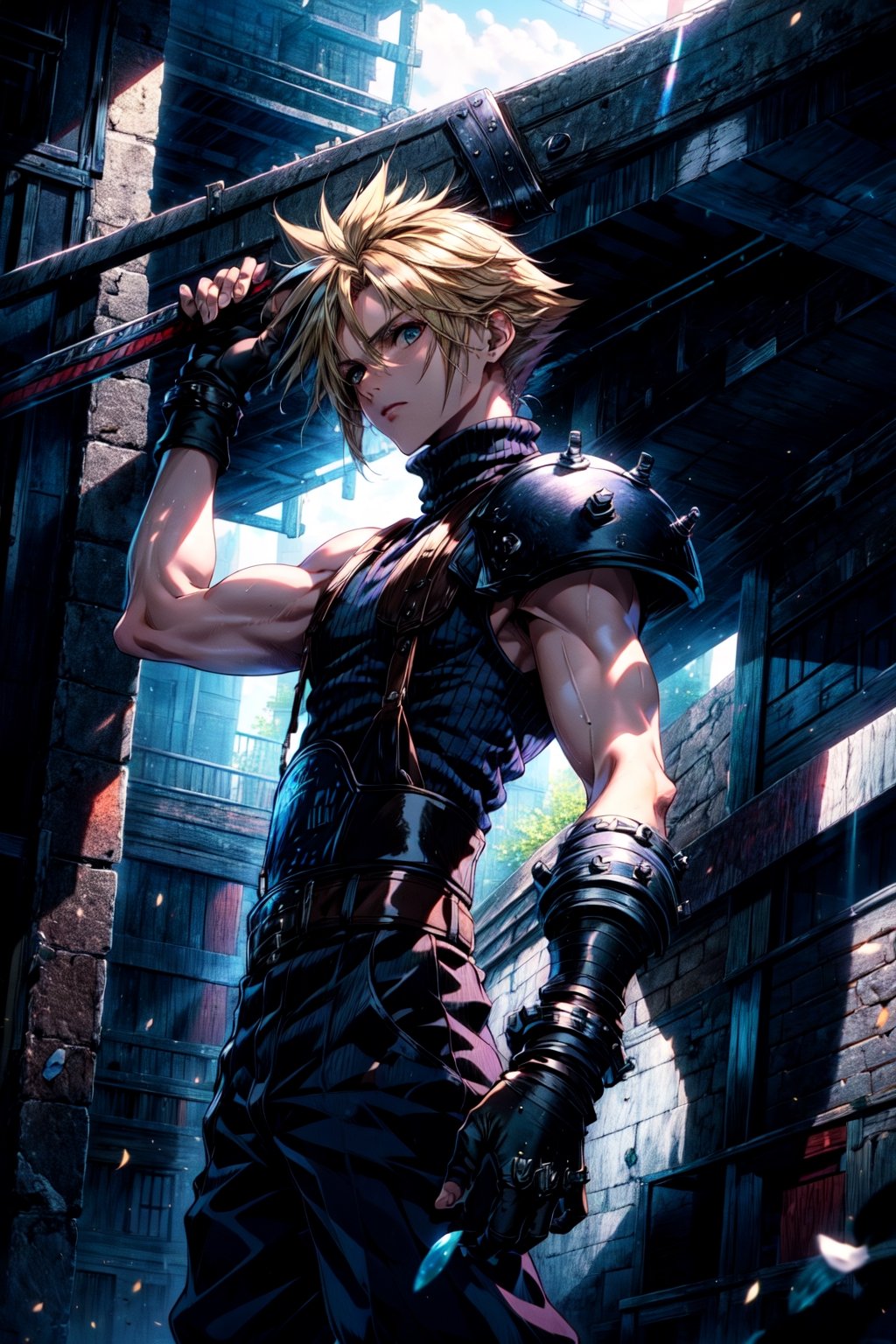 ((masterpiece,best quality)),,cloud strife,shoulder armor,sleeveless turtleneck,suspenders,belt,gloves,bracer,baggy pants,tavern,looking at viewer,(looking cool),final fantasy vii remake,detailed background,perfect lighting,stone,metal buildings,sands,weapon great sword, 