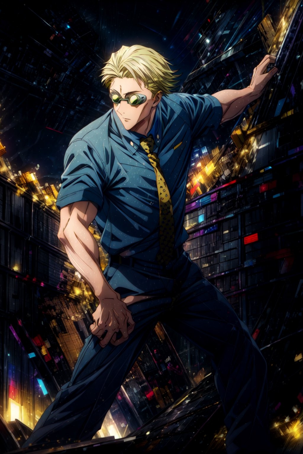 masterpiece, hyper detailed, highres, good anatomy, solo, nanami, blue shirt, suit, yellow tie, action pose, night sky, pants, goggles, square jaw