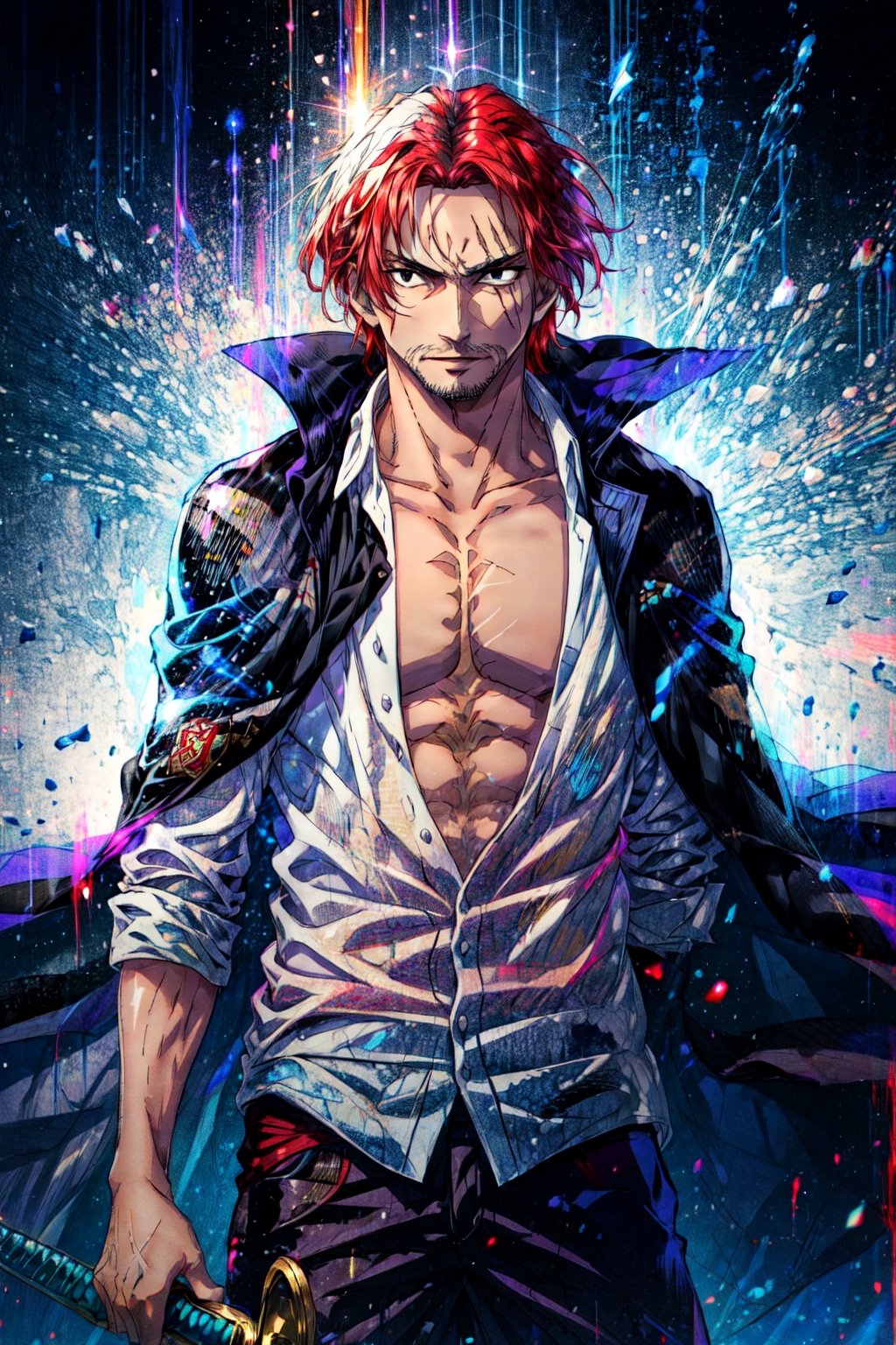 Shnks, solo, shirt, 1boy, black eyes, red hair, open clothes, sword, cape, open shirt, facial hair, scar,  cowboy shot,