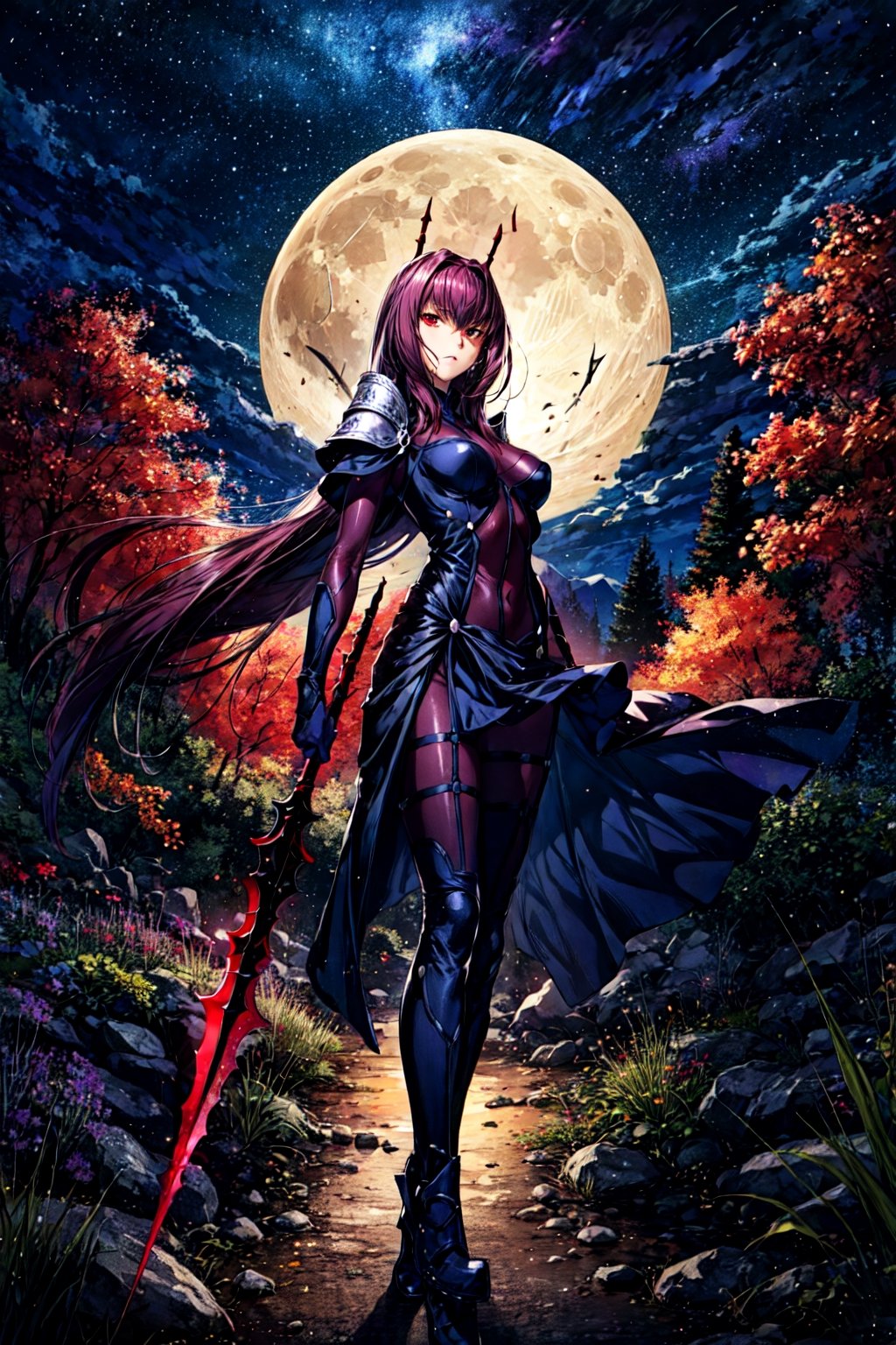 scathach, scathachBodysuit, masterpiece, best quality, absurdres, 1girl, standing, cowboy shot, looking at viewer, serious, forest, moon, night, spear, weapon, gae bolg,EpicSky,Circle