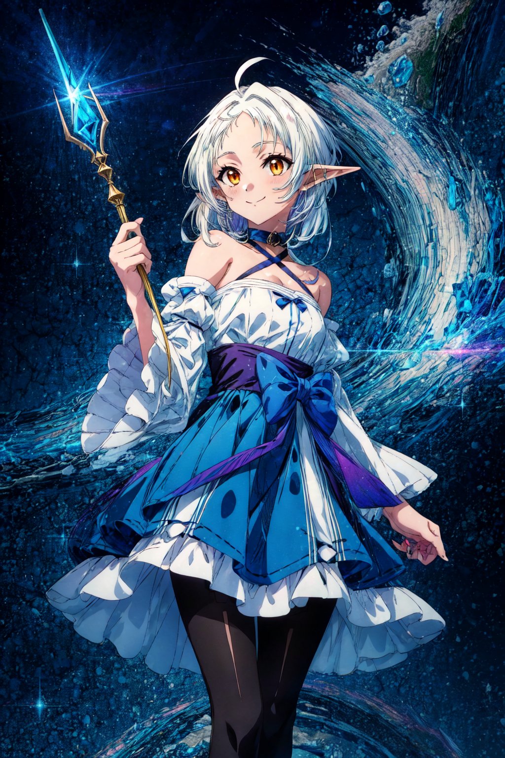 score_9, score_7_up, source_anime, BREAK smile, holding magic staff,  Sylphiette, white hair, short hair, ahoge, orange eyes, pointy ears,, hair ribbon, frilled choker, criss-cross halter, sleeveless dress, high-waist skirt, backless dress, blue dress, waist blue bow, detached sleeves, frilled sleeves, wide sleeves, blue sleeves, black pantyhose, patterned legwear, pinstripe pantyhose, mary janes, layered dress,