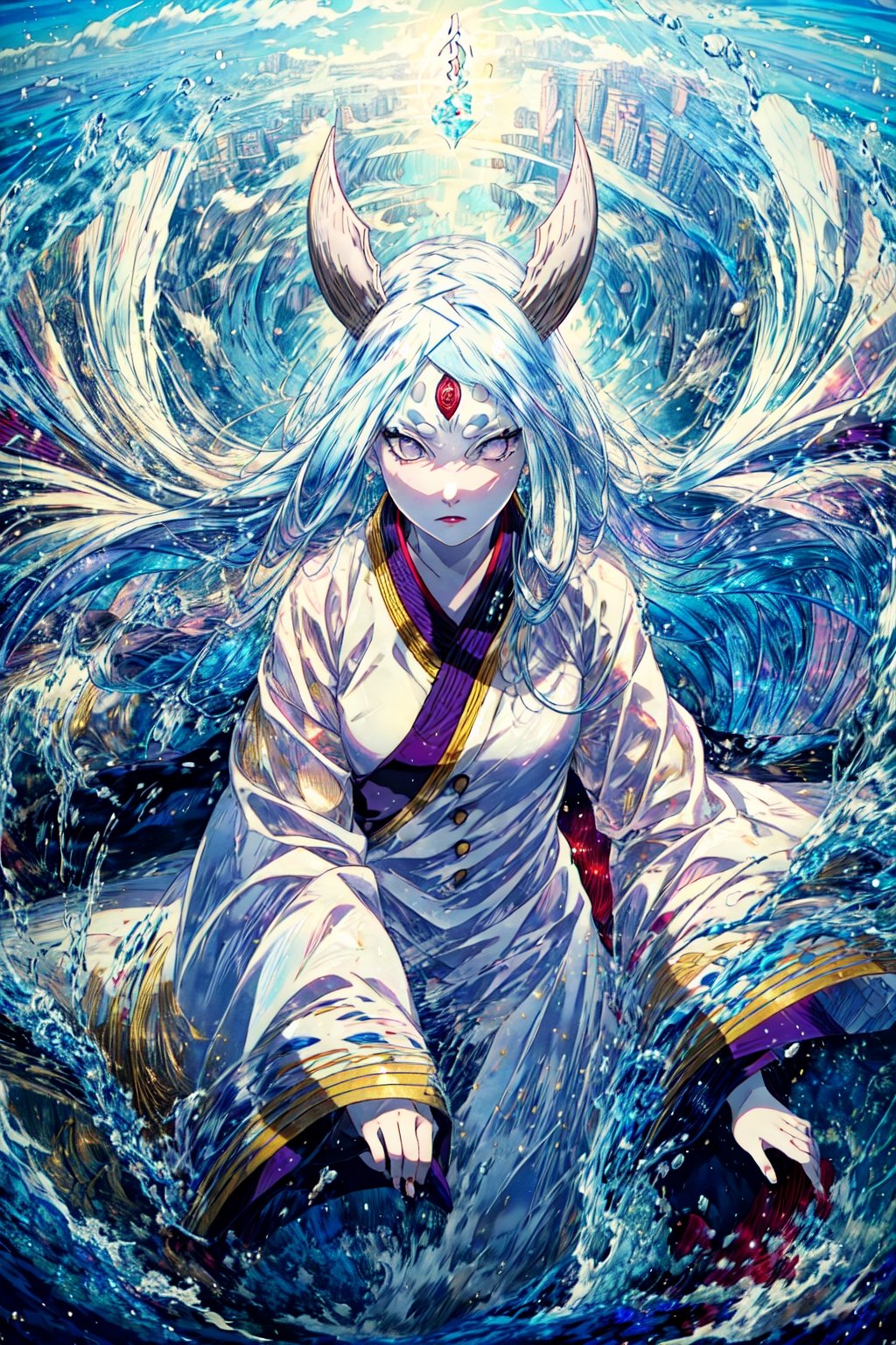 masterpiece,best quality,highly detailed,ultra-detailed,an extremely delicate and beautiful,masterpiece,1girl, solo,kaguya,mature female,  long hair, absurdly long hair, third eye,horns,  pale skin,white short eyebrows,  otsutsuki kimono, floating hair,  looking at viewer, 