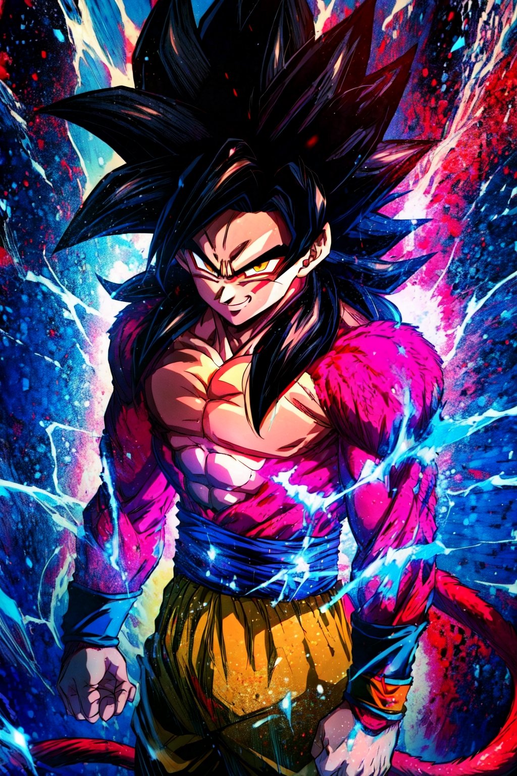 , redice, red theme, (red glow,:1.1) , big ice crystals, ,((masterpiece,best quality)), absurdres, energy, aura, electricity, , Super_Saiyan_4_Goku, 1boy, male focus, super saiyan, tail, wristband, pants, red fur, black hair, solo, smiling, looking at viewer, cowboy shot,