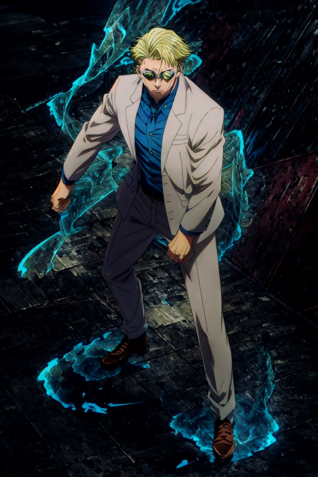 masterpiece,highres,high quality,extremely detailed,solo, , goggles,tinted eyewear, KentoNanami,1man, serious,jacket,formal,suit,collared shirt,blue shirt, full body,fighting_stance,aura,