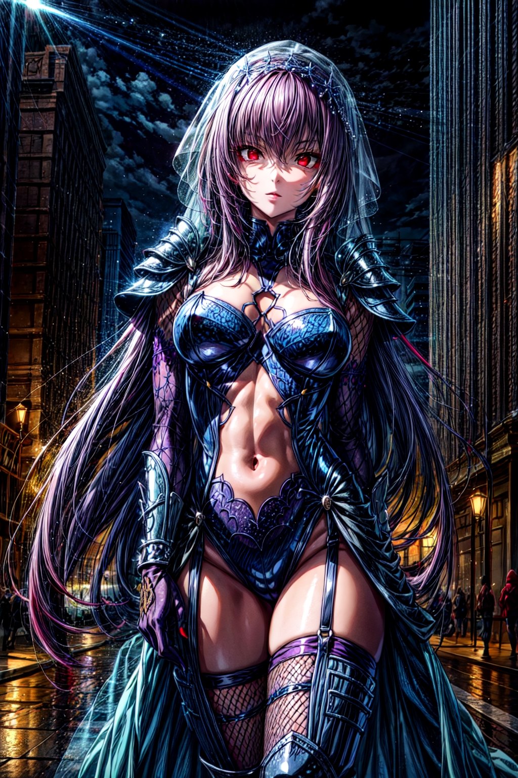 scathach, , scathach, long hair, purple hair, (red eyes:1.5), BREAK armor, bodysuit, pauldrons, purple bodysuit, shoulder armor, thighs, veil, black veil, BREAK outdoors, city, BREAK looking at viewer, BREAK , (masterpiece:1.2), best quality, high resolution, unity 8k wallpaper, (illustration:0.8), (beautiful detailed eyes:1.6), extremely detailed face, perfect lighting, extremely detailed CG, (perfect hands, perfect anatomy),FGO