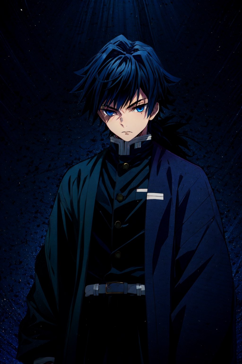 tomioka giyuu, demon slayer, 1boy, solo, upper body, blue background, emphasis lines, looking at viewer, long hair, blue eyes, black hair, standing, jacket, male focus, japanese clothes, black jacket, demon slayer uniform,