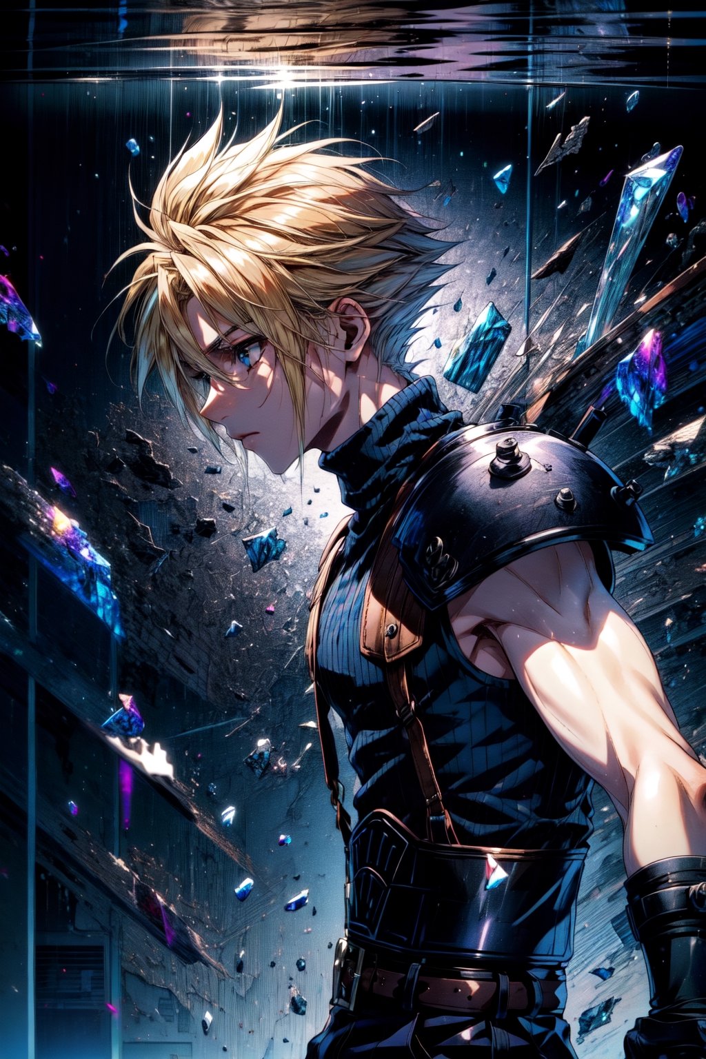 High Quality, Masterpiece, IncrsBrknGls, broken glass, reflection, , cloud strife, shoulder armor, sleeveless turtleneck, suspenders, belt, gloves, bracer, , solo, 1boy, from side,