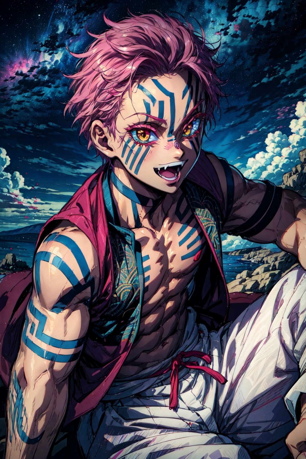 Ultra-realistic 8k CG, masterpiece, ((ultra-detailed background, delicate pattern, intricate details)), best quality, very detailed face, extremely detailed eyes and face, extremely detailed eyes,1boy, solo,pink hair,short hair,pink eyebrows,pink eyelashes,yellow eyes, pink waistcoat,white pants,tattoo,line tattoo,black tattoo,open mouth ,naughty face, :d,long fangs, ,akaza,outdoors, night sky, full moon, red moon, perched on a cloud, (fantasy illustration:1.3), enchanting gaze, captivating pose, otherworldly charm, mystical sky, (Luis Royo:1.2), (Isayama Hajime:1.1), moonlit night, soft colors, (detailed cloudscape:1.3), (high-resolution:1.2),looking at viewer, ,akaza kimetsu, , 