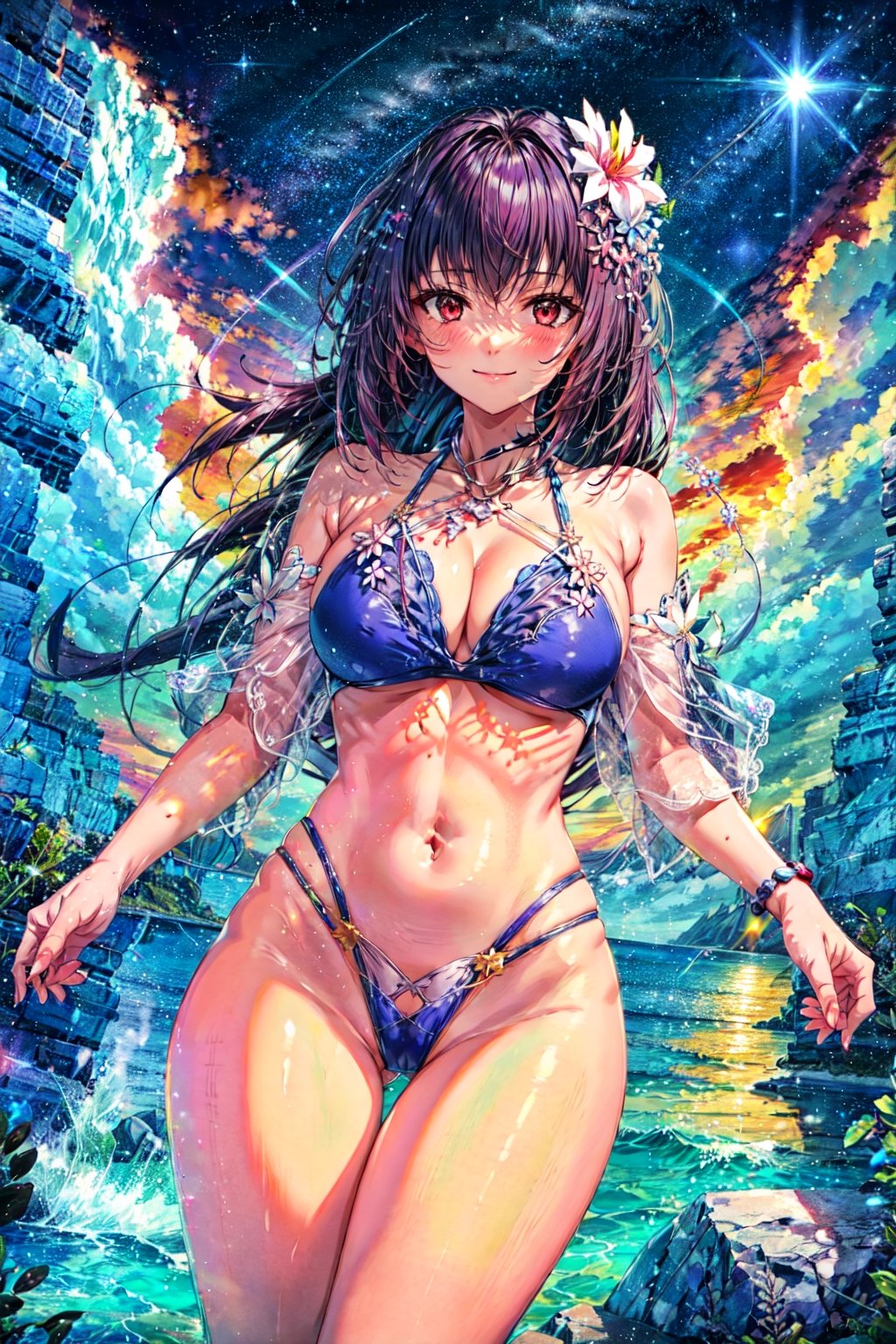 masterpiece, best quality, high resolution, R3, 3rdSwimsuit, 1girl, solo, looking at viewer, collarbone, blush, smile, sky, ocean, ass visible through thighs, outdoors, closed mouth, sunset, navel cutout,