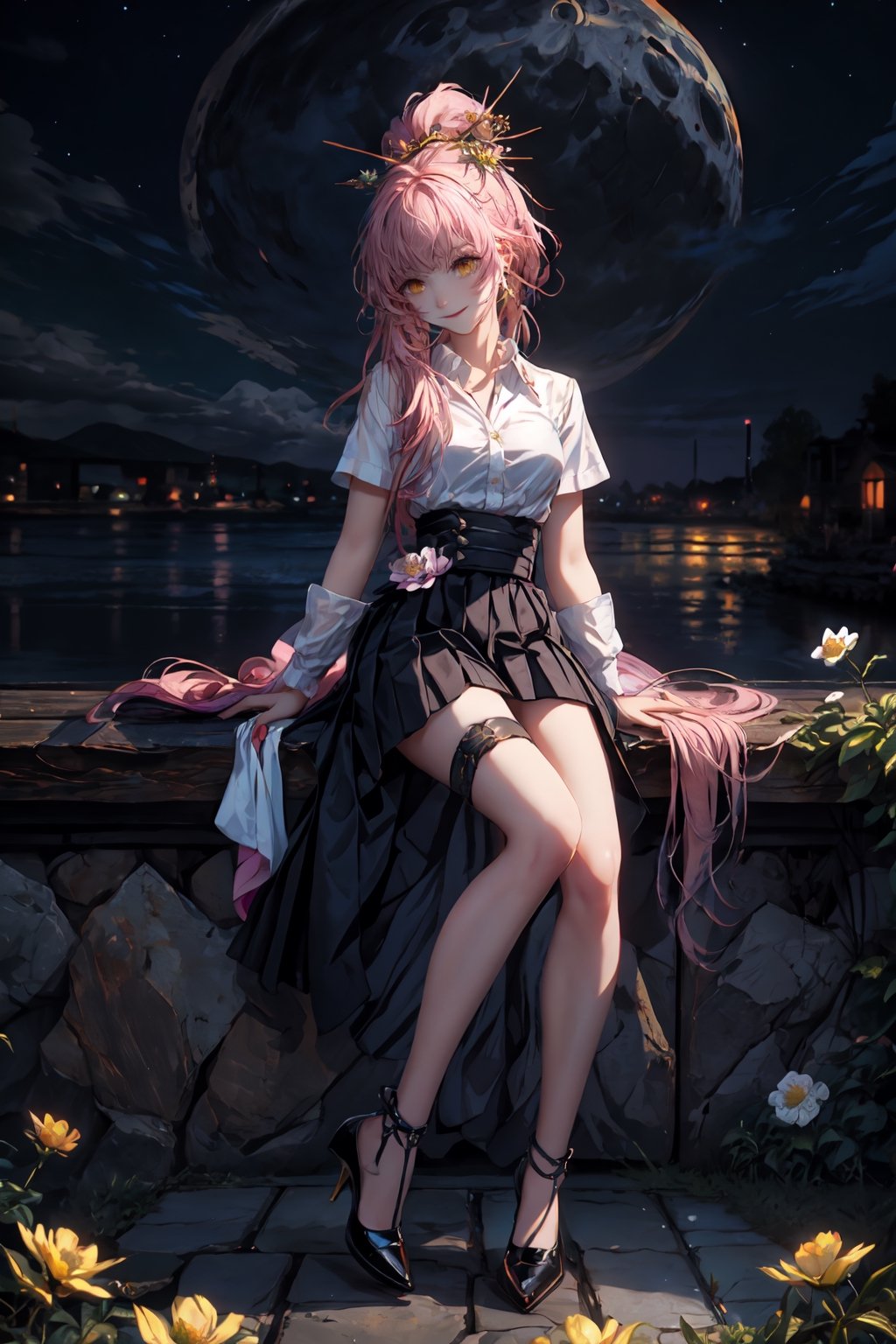 masterpiece, best quality, , 1girl, long hair, pink hair, solo, sitting, forehead mark, flower, full body, facial mark, high heels, looking at viewer, bangs, white flower, moon, black footwear, breasts, hair ornament, fish, smile, very long hair, closed mouth, yellow eyes, bare legs, skirt, ponytail, night, legs, high-waist skirt, thigh strap, long sleeves, white shirt, night sky, dress, pointy ears, thighs, full moon, sky, short sleeves, toe
负向提示
text,username,logo,(low quality, wors