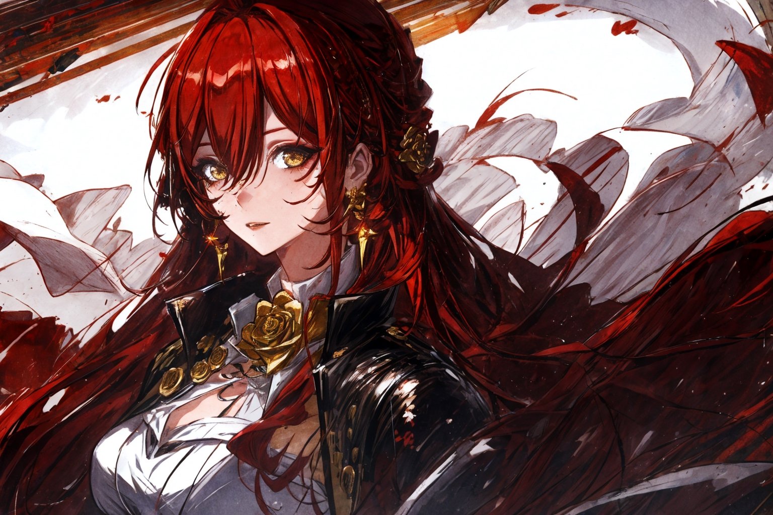 (Masterpiece, top quality, best quality, official art, beautiful and aesthetic:1.2), 1girl, official, head, yellow eyes, red hair, long hair, white dress, black jacket, golden rose on neck, single earring,midjourney,inksketch,Colorful portraits,sakimmichan_art