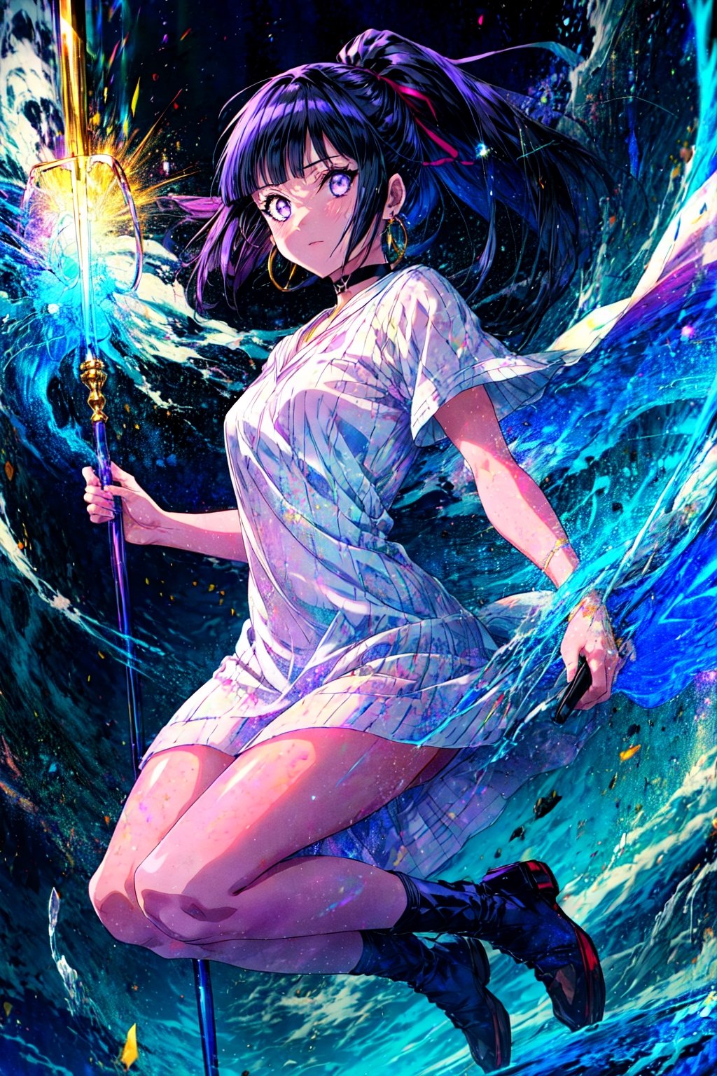 score_9, score_8_up, score_7_up, source_anime, (extremely vibrant art), 3th3r34l, clouds, 1 magic girl, solo, spelling, , green eyes, white hair, long hair, ponytail, earrings, white choker, white dress, short sleeves, flying, levitates in clouds, full body, holding a long magic staff, myriad of bright blue sparks, sparks of magic spells, magical, bright, expressive, intricate light, cute girl, looking at viewer, lovely girl, wearing silk dress with stars, soft light, detailed hands, detailed arms, 5fingers, (hinata, hyuuga hinata, purple eyes, blunt bangs, black hair, white eyes, no pupils