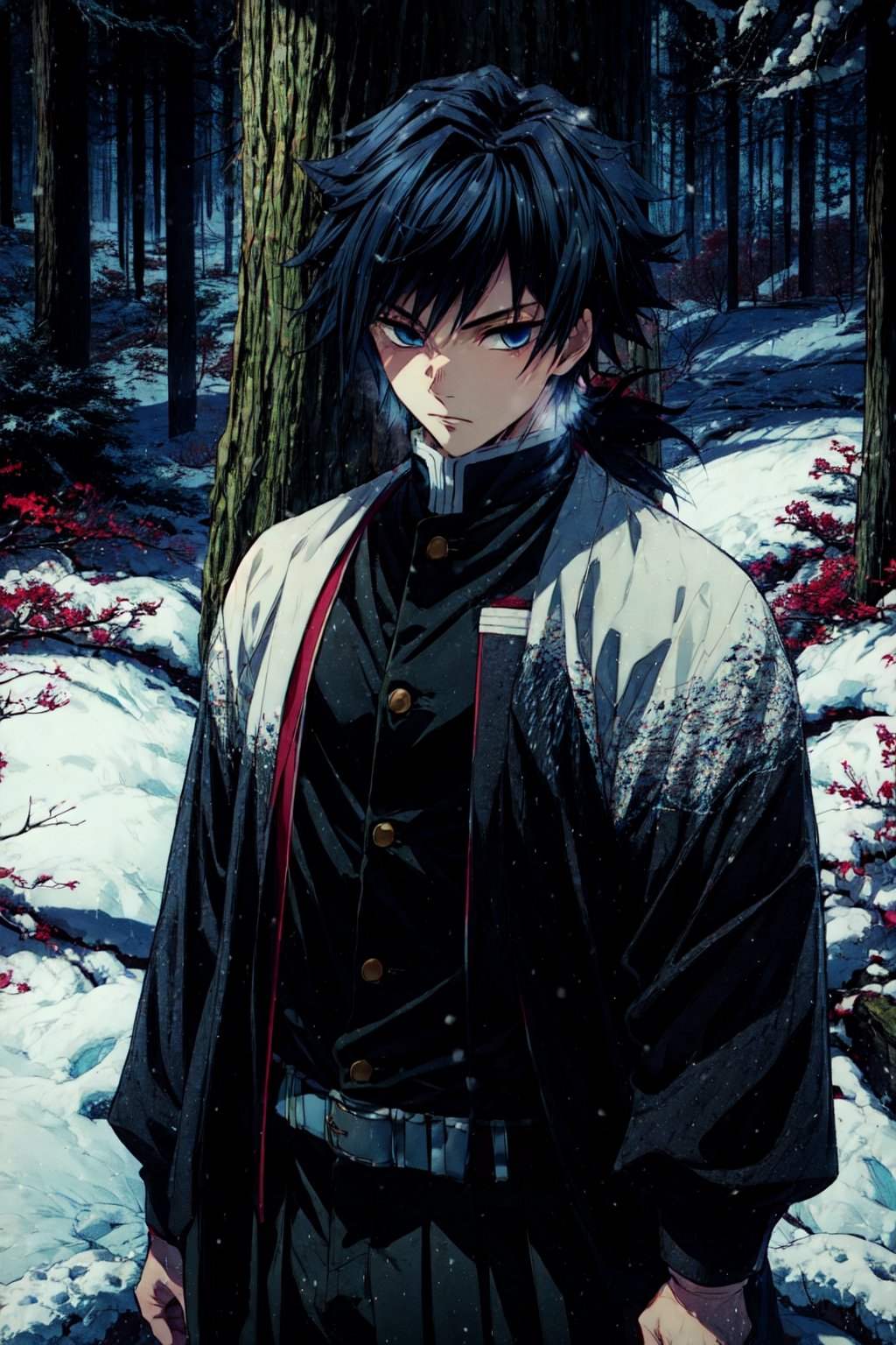 tomioka giyuu, demon slayer, 1boy, solo, upper body, winter, snow, forest, tree, nature, snowing, long hair, looking at viewer, blue eyes, black hair, long sleeves, standing, jacket, male focus, outdoors, japanese clothes, belt, black jacket, black pants, haori, white belt, demon slayer uniform