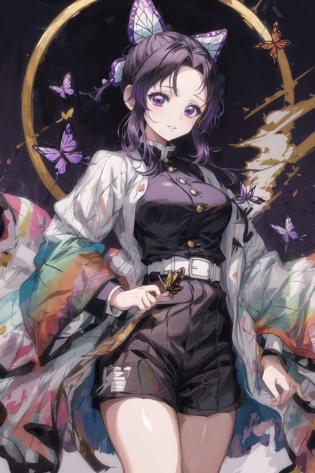 masterpiece, absurdres ,kimetsu no yaiba style, 1girl, solo, kochou shinobu, butterfly hair ornament, purple eyes, multicolored hair, short hair, parted bangs, haori, wide sleeves, long sleeves, black pants, black jacket, belt, floating hair, purple moon, looking at viewer, smile, large ass, large boobs,
