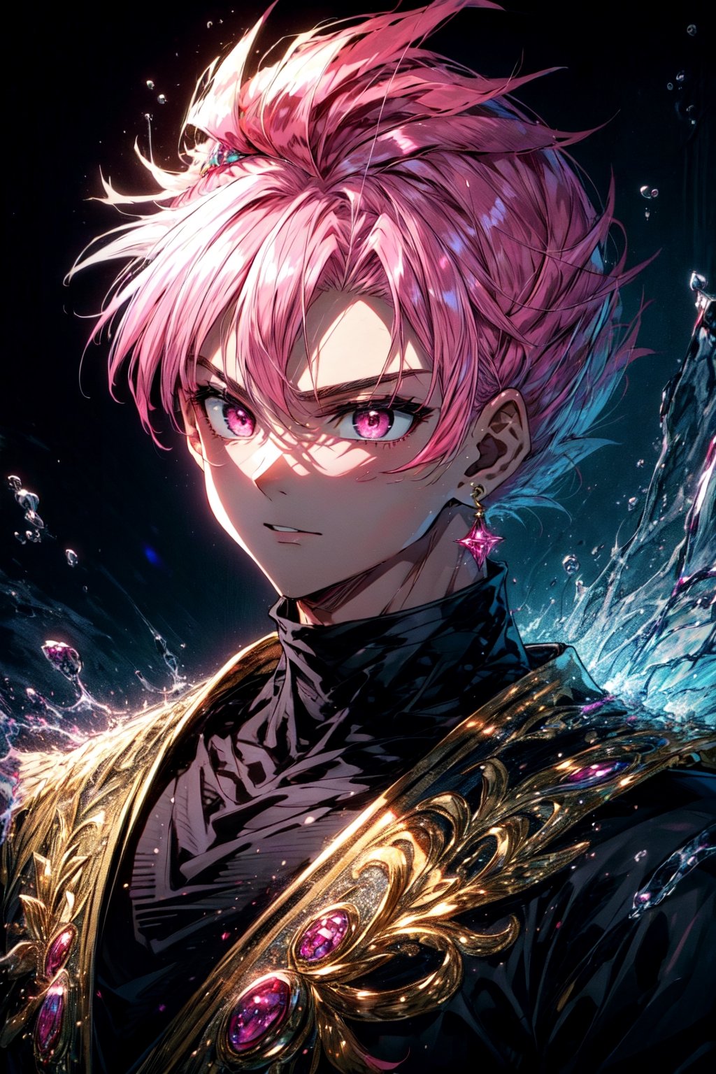 (masterpiece, best quality:1.2), intricate details, 8k uhd, soft lighting, 1boy, solo, spiked hair, pink hair, pink eyes, super saiyan, single earring, dougi