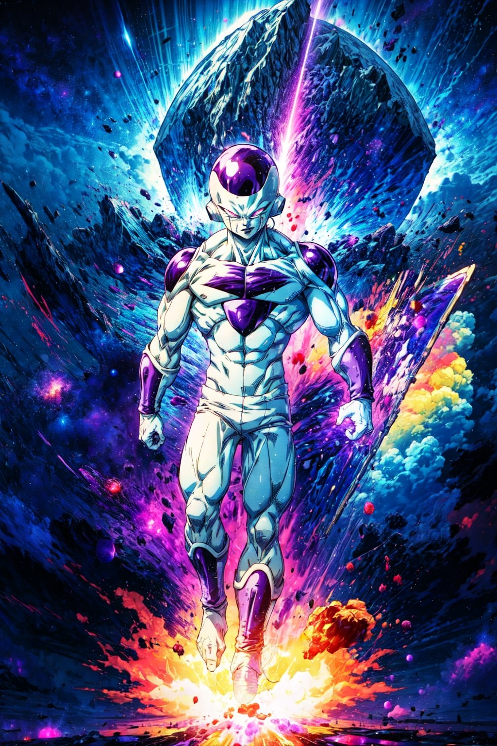 Frieza,full body, high quality, hires, plasma beam, large explosion,purple space aesthetic,CLOUD