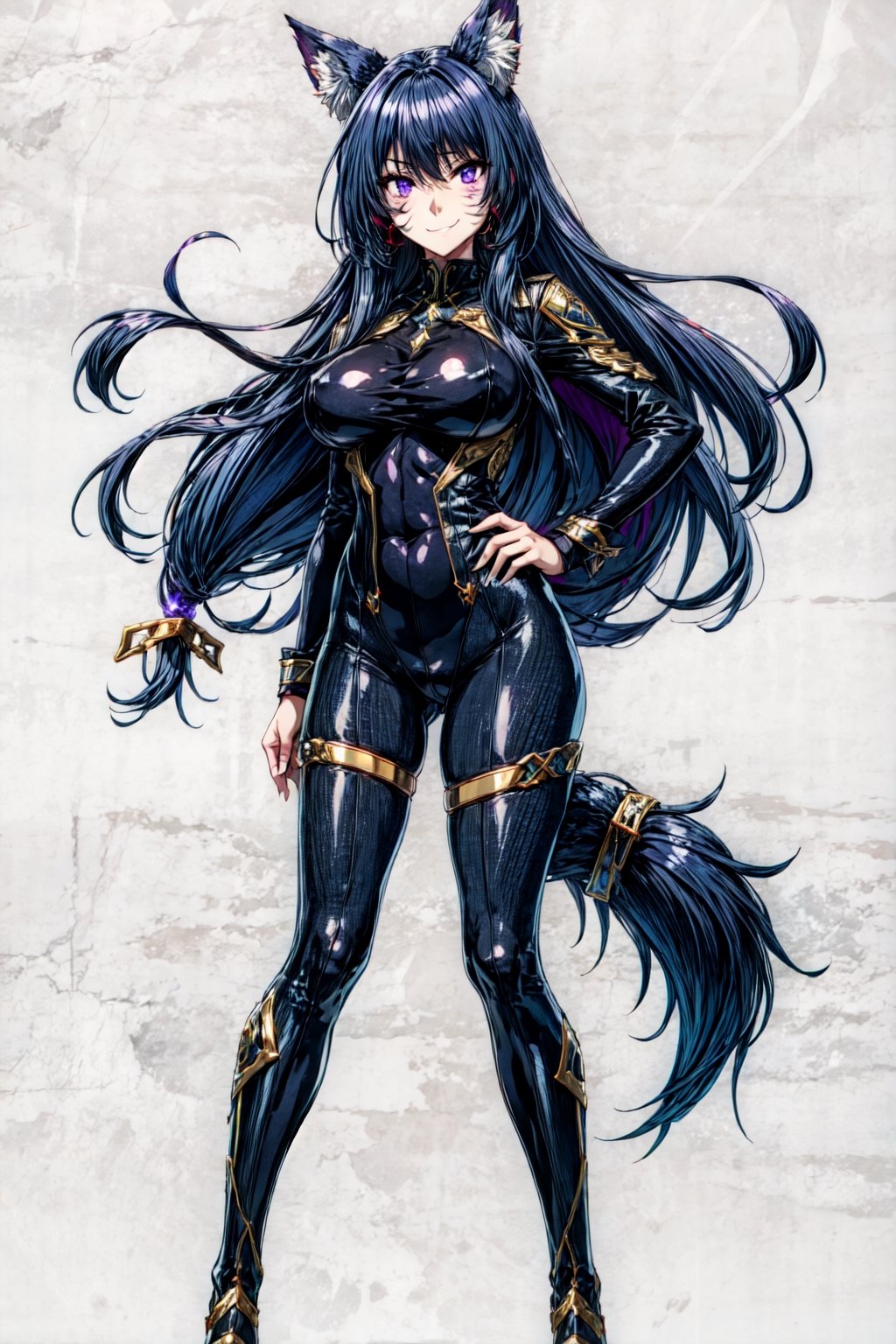 delta, facial mark, purple eyes, large breasts, black long hair, tail, tail ornament, black body suit, standing, legs apart, captivating pose, smirk, simple background