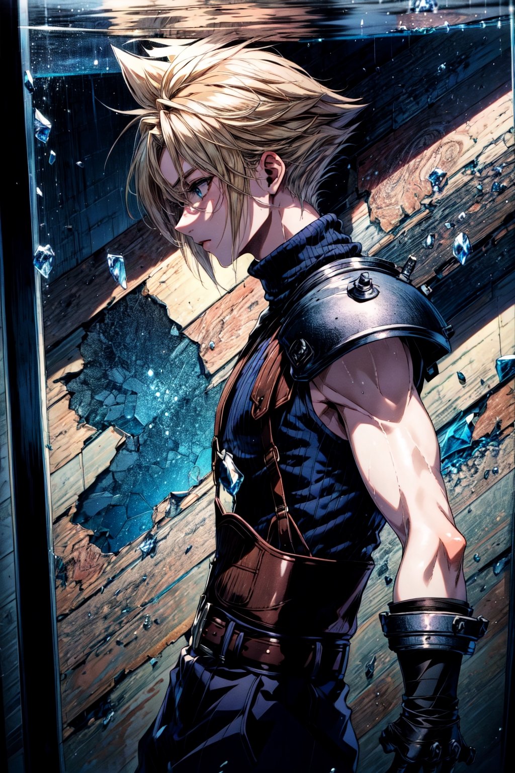 High Quality, Masterpiece, IncrsBrknGls, broken glass, reflection, , cloud strife, shoulder armor, sleeveless turtleneck, suspenders, belt, gloves, bracer, , solo, 1boy, from side,