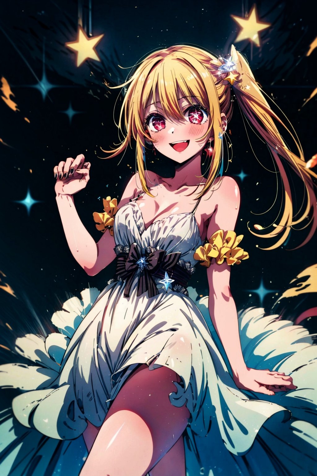 1girl, solo, , Hoshino Ruby, symbol-shaped pupils, (left star-shaped pupils:1.2), sparkling eyes, (star in left eye:1.2), symbol in eye, red eyes, long hair, blonde hair, bangs, blush, (side ponytail:1.1), (dress:1.2), on the stage, idol, dancing, spotlight, smile, (masterpiece:1.2), highres, best quality, 8k, very clear,MOLESTATION,ruby hoshino