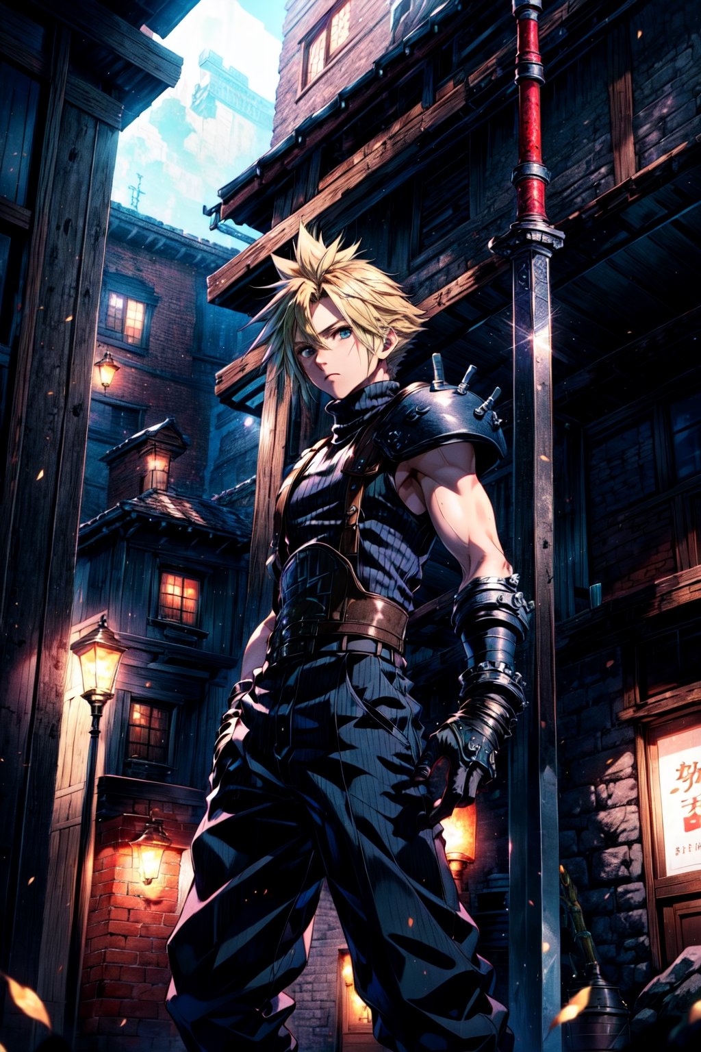 ((masterpiece,best quality)),,cloud strife,shoulder armor,sleeveless turtleneck,suspenders,belt,gloves,bracer,baggy pants,tavern,looking at viewer,(looking cool),final fantasy vii remake,detailed background,perfect lighting,stone,metal buildings,sands,weapon great sword, 