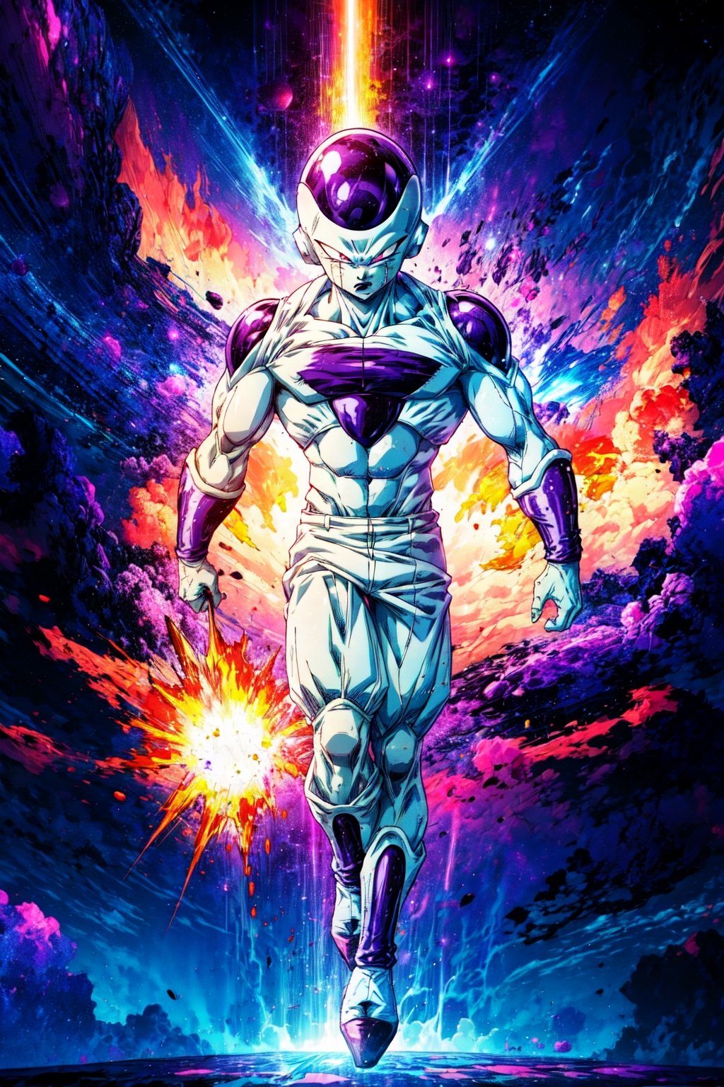 Frieza,full body, high quality, hires, plasma beam, large explosion,purple space aesthetic,CLOUD