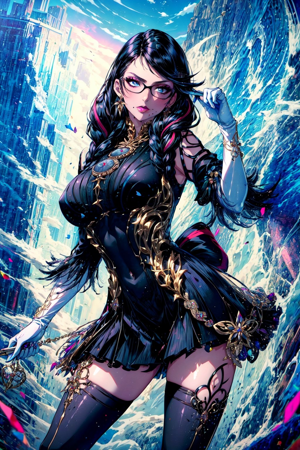 (masterpiece:1.4),(best quality:1.4),(absurdres:1.4),pin-up, , bayonetta_3_twintail_aiwaifu,glasses,blue_eyes ,black_hair,long_hair,two-tone_hair,twintails,breasts,jewelry,earrings,gloves,mole_under_mouth,lips,large_breasts,twin_braids,makeup,black-framed_eyewear,bodysuit,elbow_gloves,very_long_hair,lipstick,multicolored_hair,ribbon,amulet,hair_ribbon,dress,thighhighs,white_gloves,eyeshadow,bangs,clothing_cutout, (absurdres, highres, incredibly_absurdres:1.4),scenery,masterpiece,