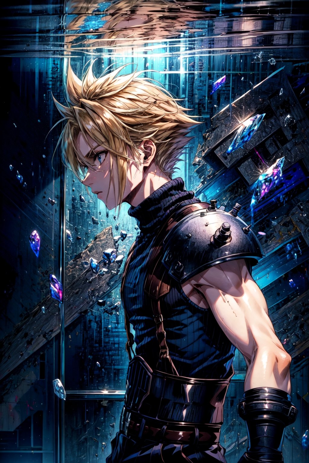 High Quality, Masterpiece, IncrsBrknGls, broken glass, reflection, , cloud strife, shoulder armor, sleeveless turtleneck, suspenders, belt, gloves, bracer, , solo, 1boy, from side,