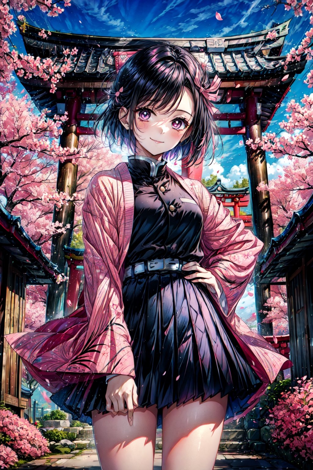 nezukorps, 1girl, solo, cowboy shot, black hair, purple eyes, white pupils, short hair, white belt, sheath, demon slayer uniform, pink haori, black jacket, black pleated skirt, miniskirt, asa no ha \(pattern\), pink hair ribbon, slight smile, looking at viewer, japanese arquitecture, town in the background, sky, pink petals, (best quality, masterpiece),