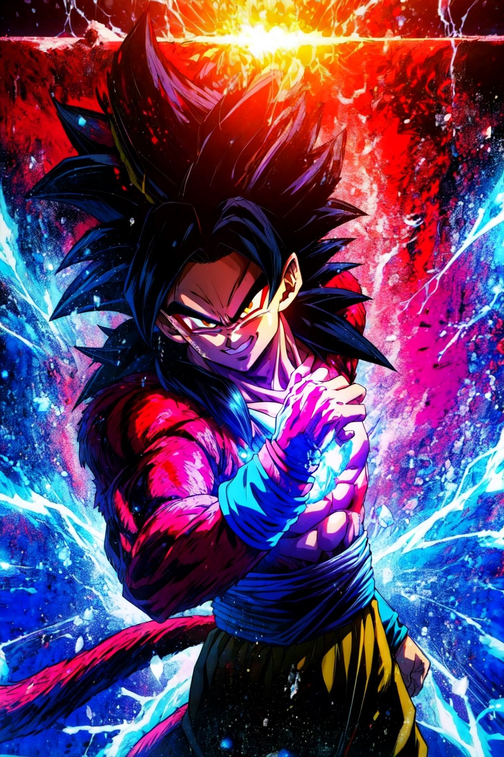 , redice, red theme, (red glow,:1.1) , big ice crystals, ,((masterpiece,best quality)), absurdres, energy, aura, electricity, , Super_Saiyan_4_Goku, 1boy, male focus, super saiyan, tail, wristband, pants, red fur, black hair, solo, smiling, looking at viewer, cowboy shot,